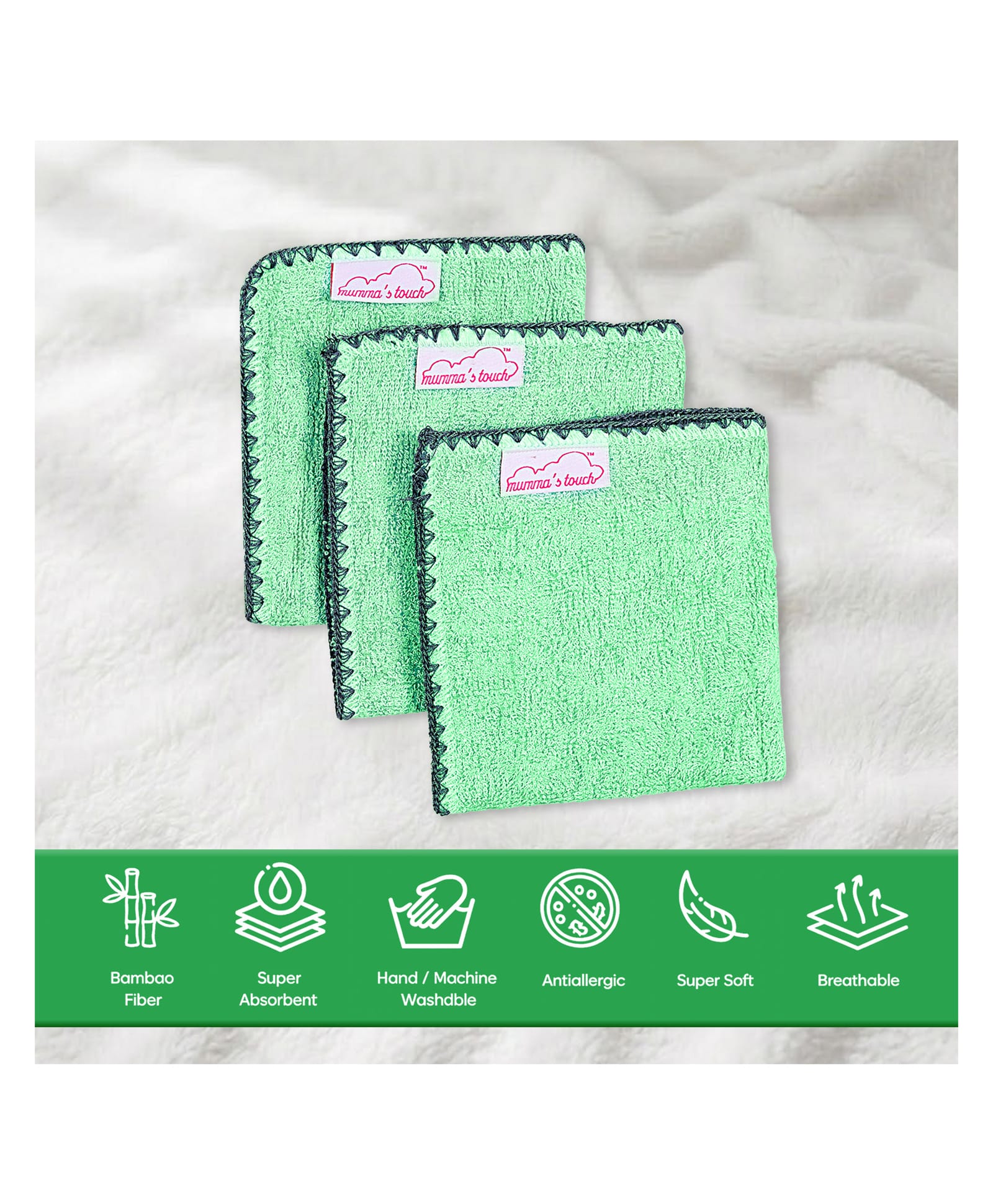 Mumma's Touch Organic Bamboo Woven Pack Of 3 Solid Face Towels - Green-picture-49