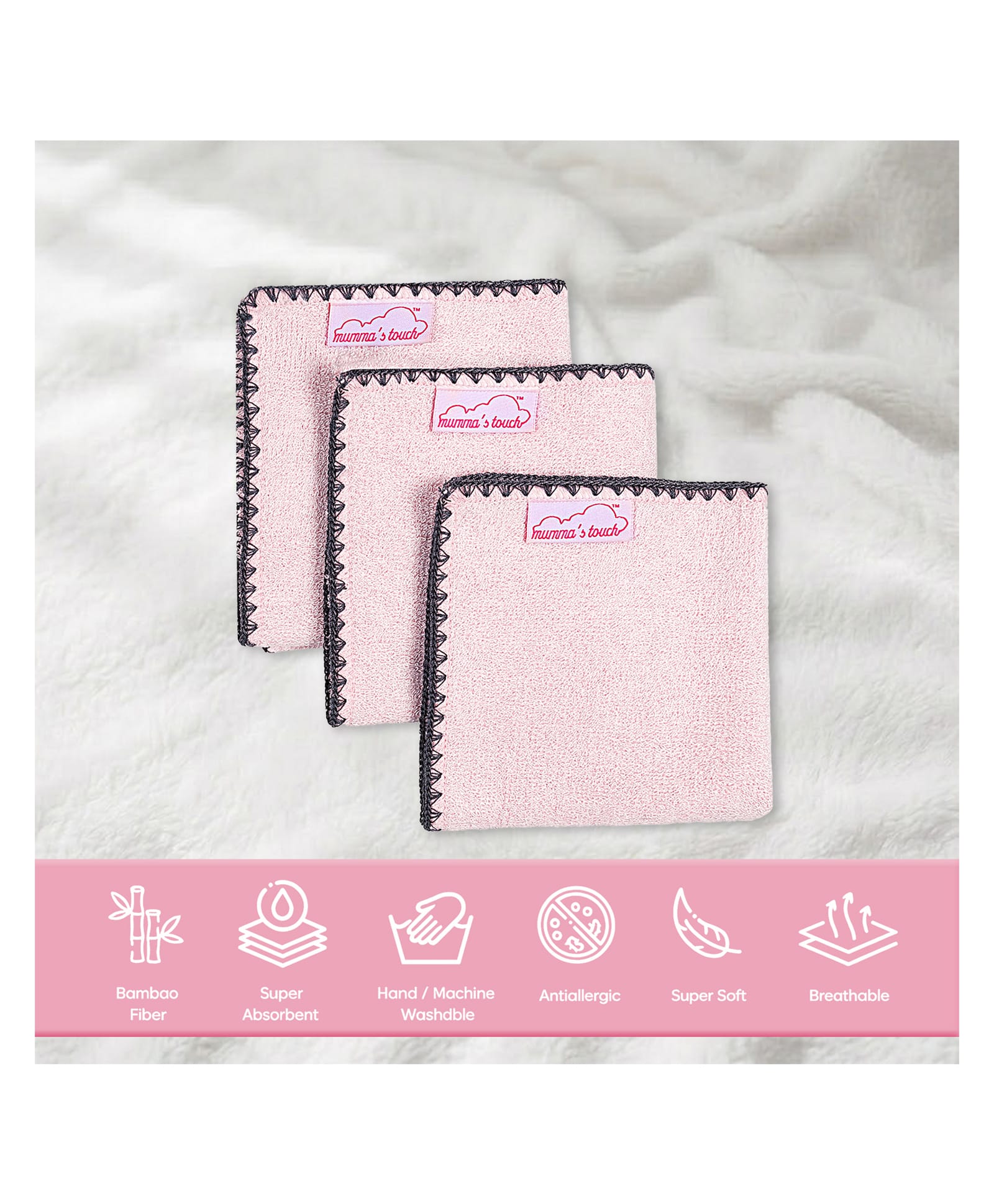 Mumma's Touch Organic Bamboo Woven Pack Of 3 Solid Face Towels - Pink-image-28
