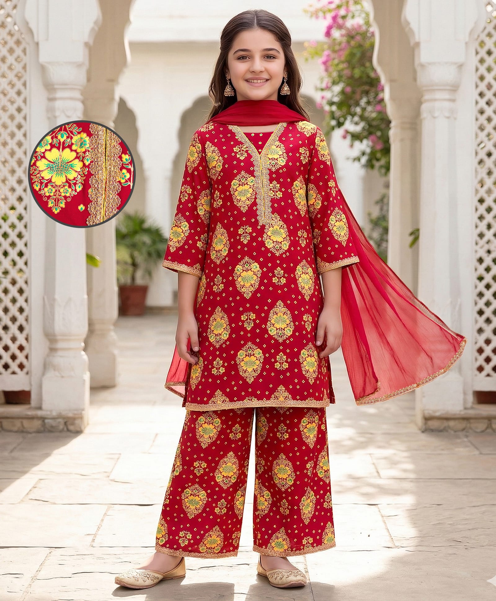 EARTHY TOUCH Single Jersey Knit Three Fourth Sleeves Kurti Salwar Set with Dupatta & Floral Glitter Print - Red-image-29