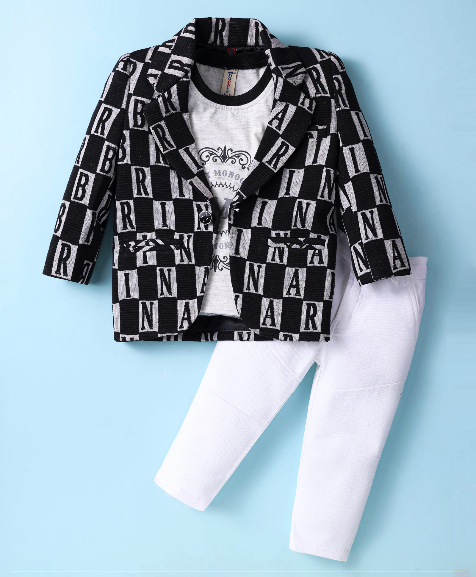 Dapper Dudes Full Sleeves Alphabets Printed Blazer With Tee & Pant Set - Black-picture-27