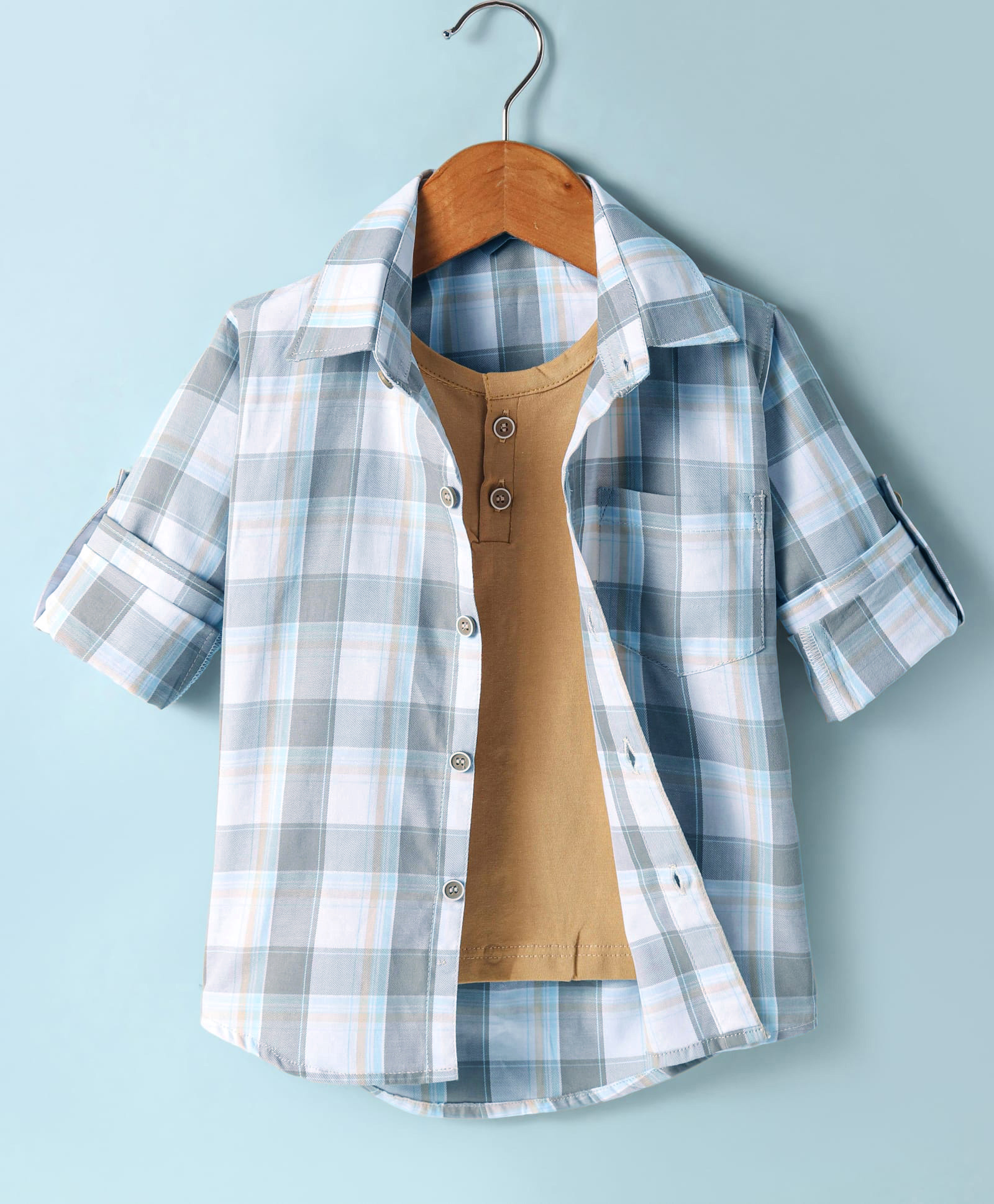 Dapper Dudes Full Sleeves Checked Shirt With Attached Tee - Grey-image-26
