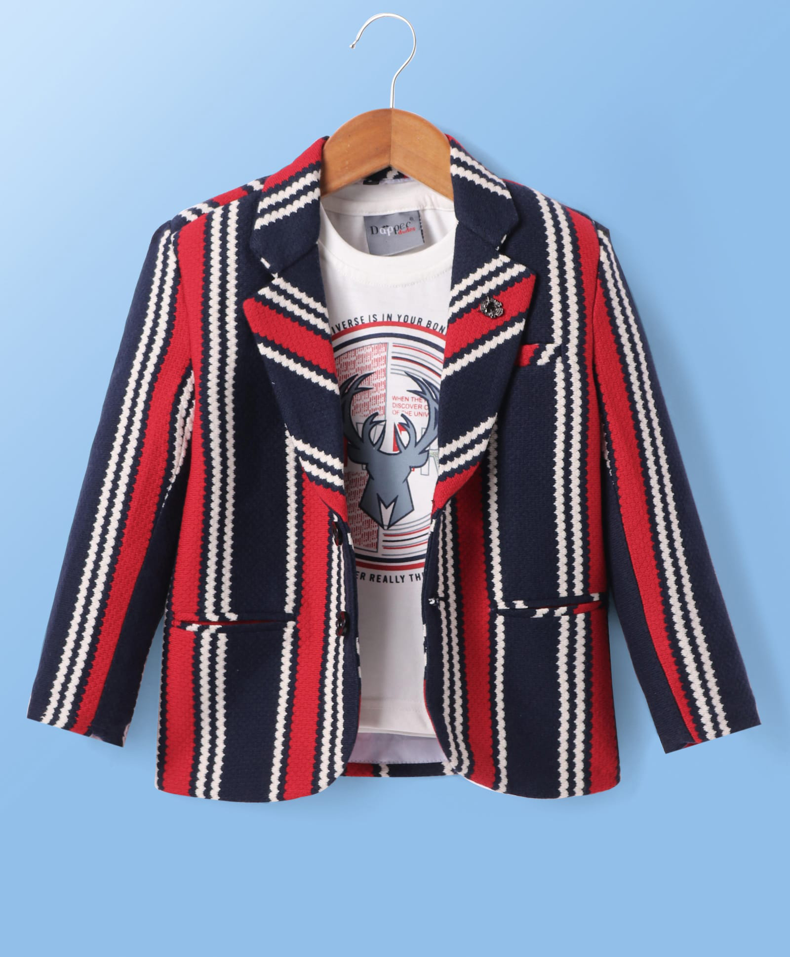 Dapper Dudes Full Sleeves Textured Blazer With Typography Printed Tee Set - Navy Blue-image-31