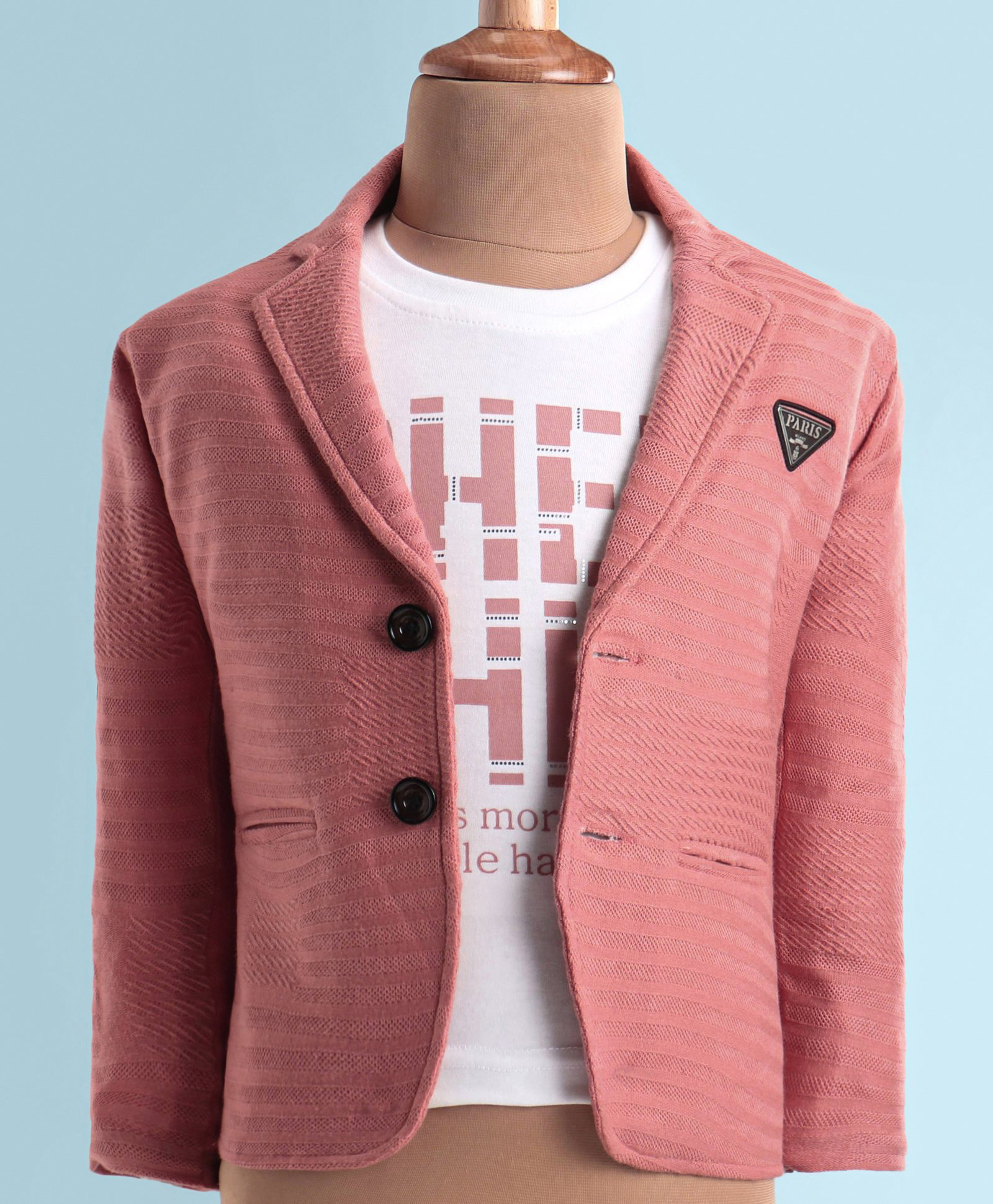 Dapper Dudes Full Sleeves Textured Blazer With Typography Printed Tee Set - Peach-image-29