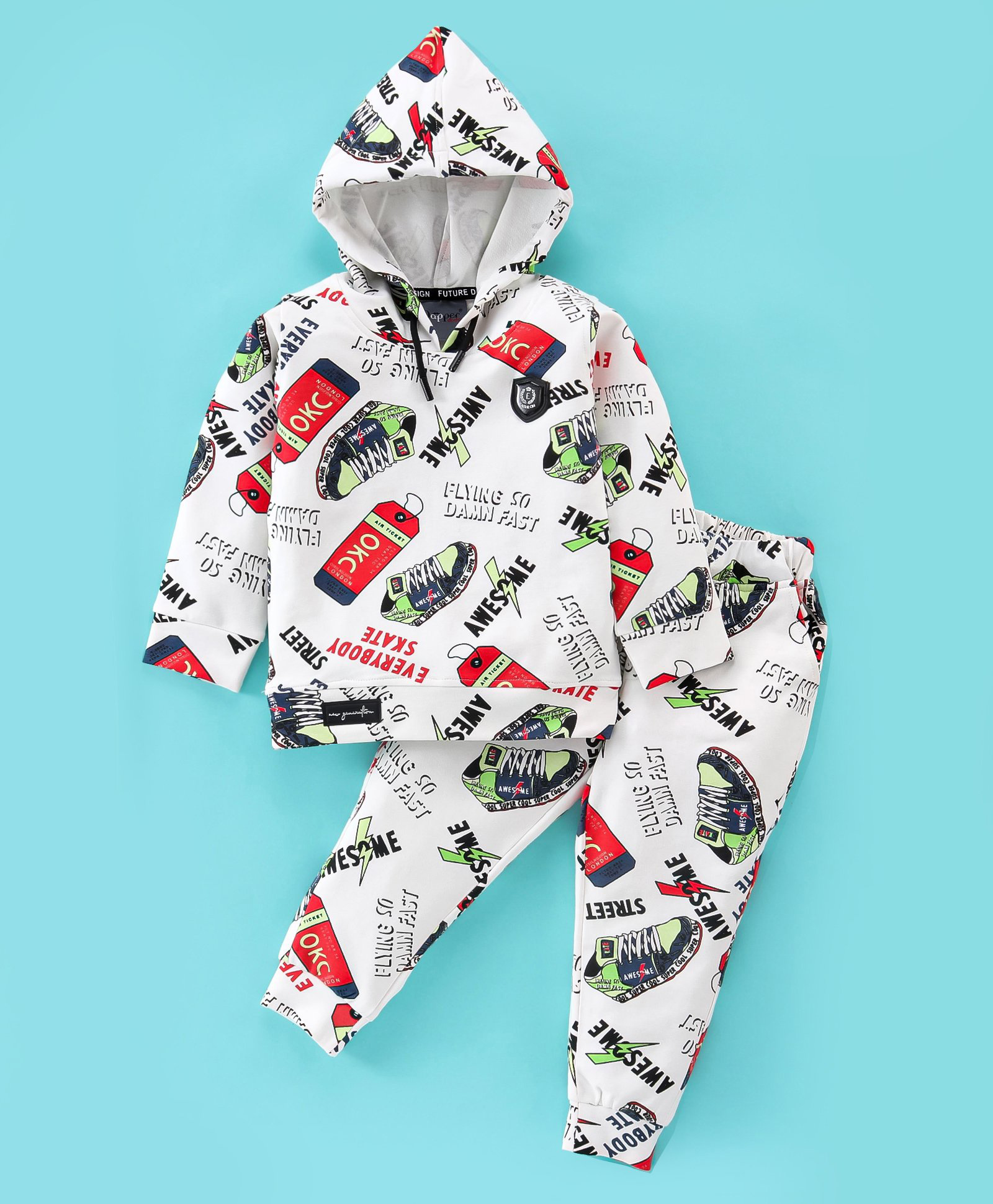 Dapper Dudes Full Sleeves Typography Printed Light Winter Hooded Tee & Coordinating Track Pants Set - White-picture-23