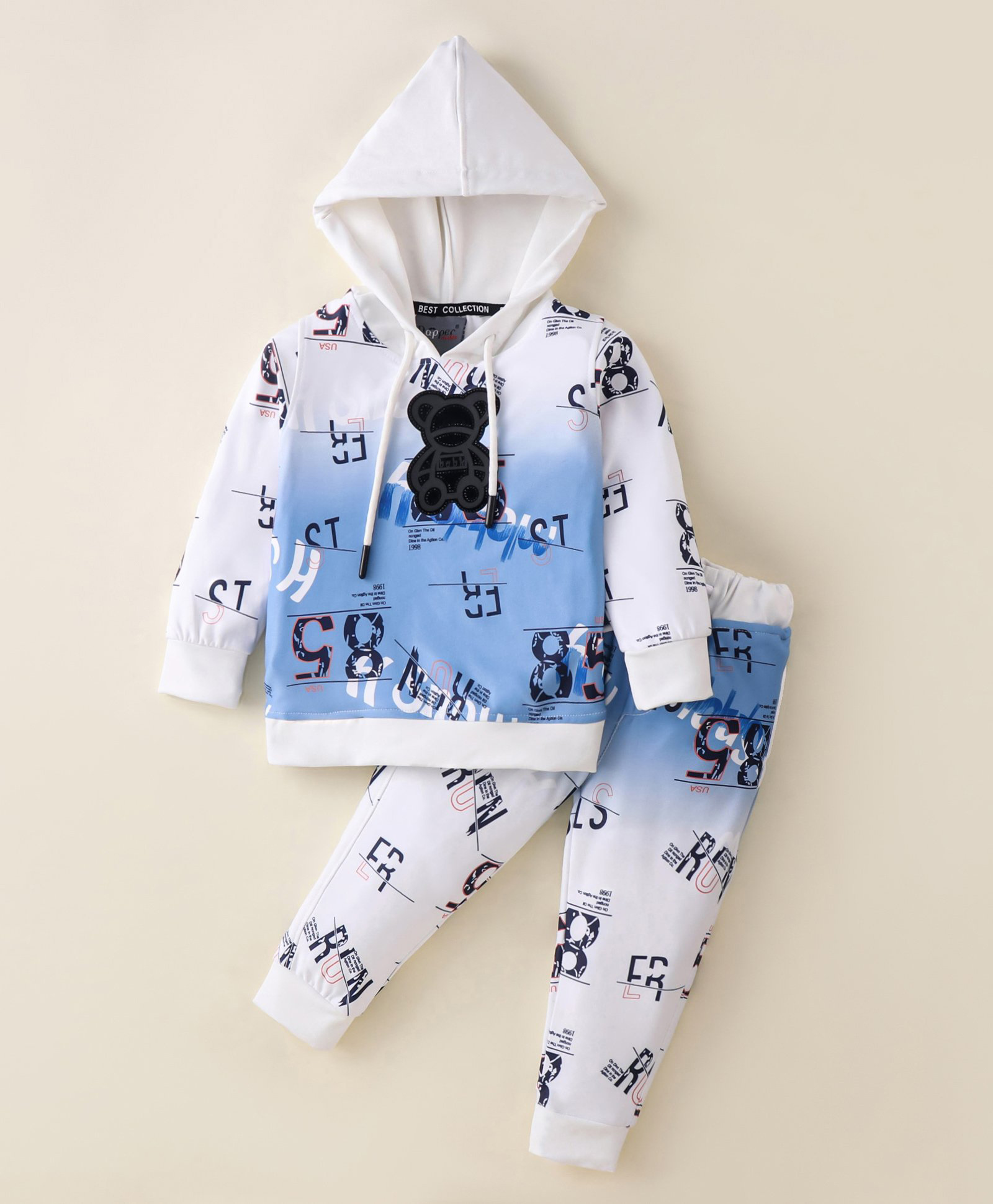 Dapper Dudes Full Sleeves Typography Printed & Ombre Light Winter Hooded Tee With Coordinating Track Pants Set - White-image-5