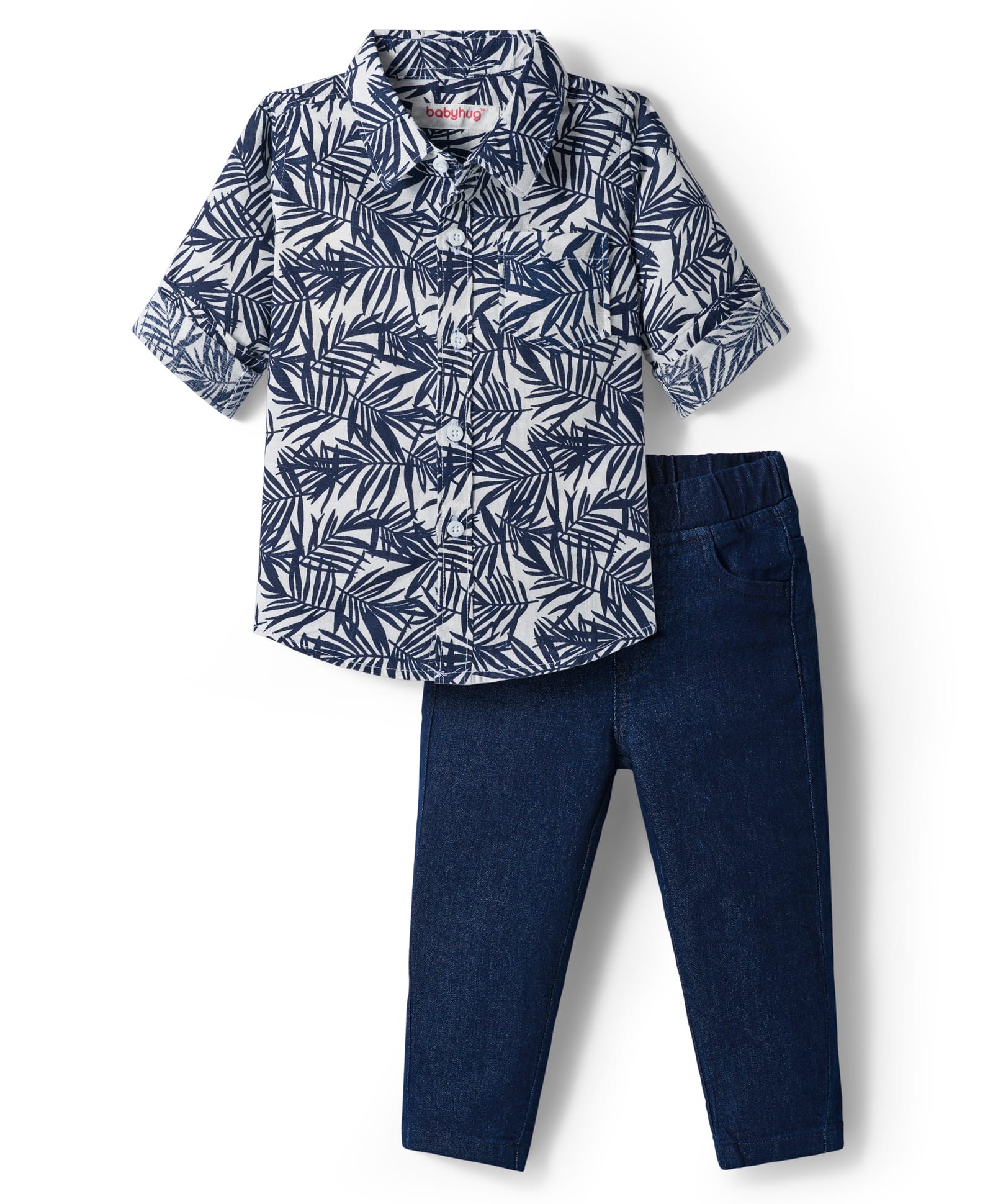 Babyhug Cotton Woven Full Sleeves Shirt and Jeans Set With Leaves Print - Navy Blue & White-image-8