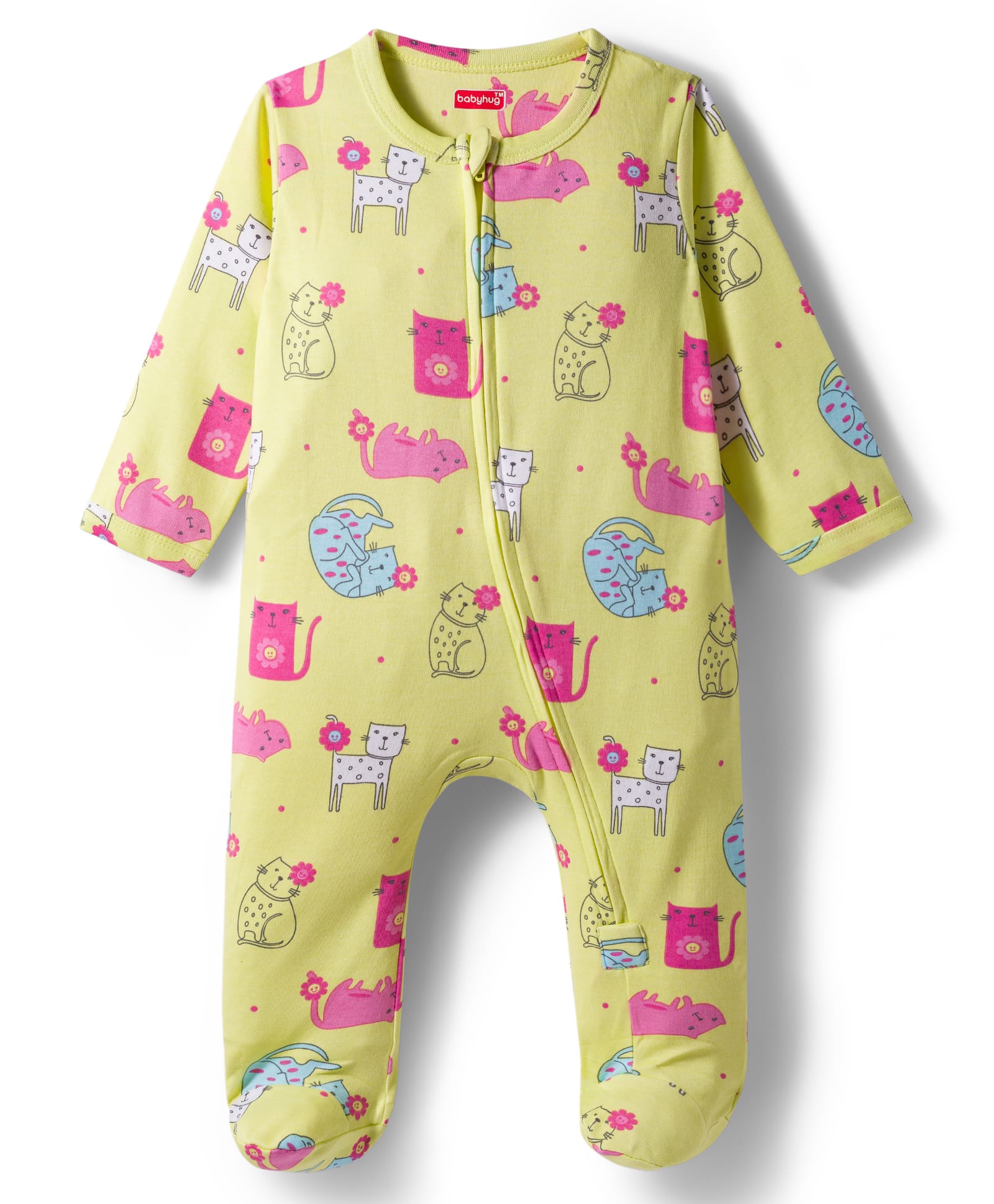 Babyhug Interlock Knit Full Sleeves Sleepsuit With Cat Print - Yellow-picture-24