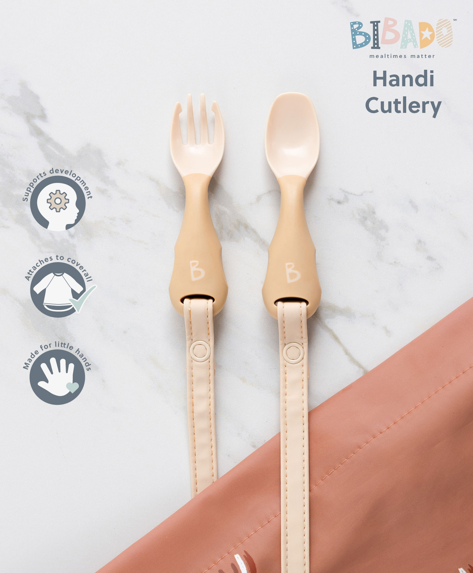 BiBaDo Handi Cutlery Set for Baby - Easy-Grip Spoon & Fork with Attachable Straps - Brown-image-1