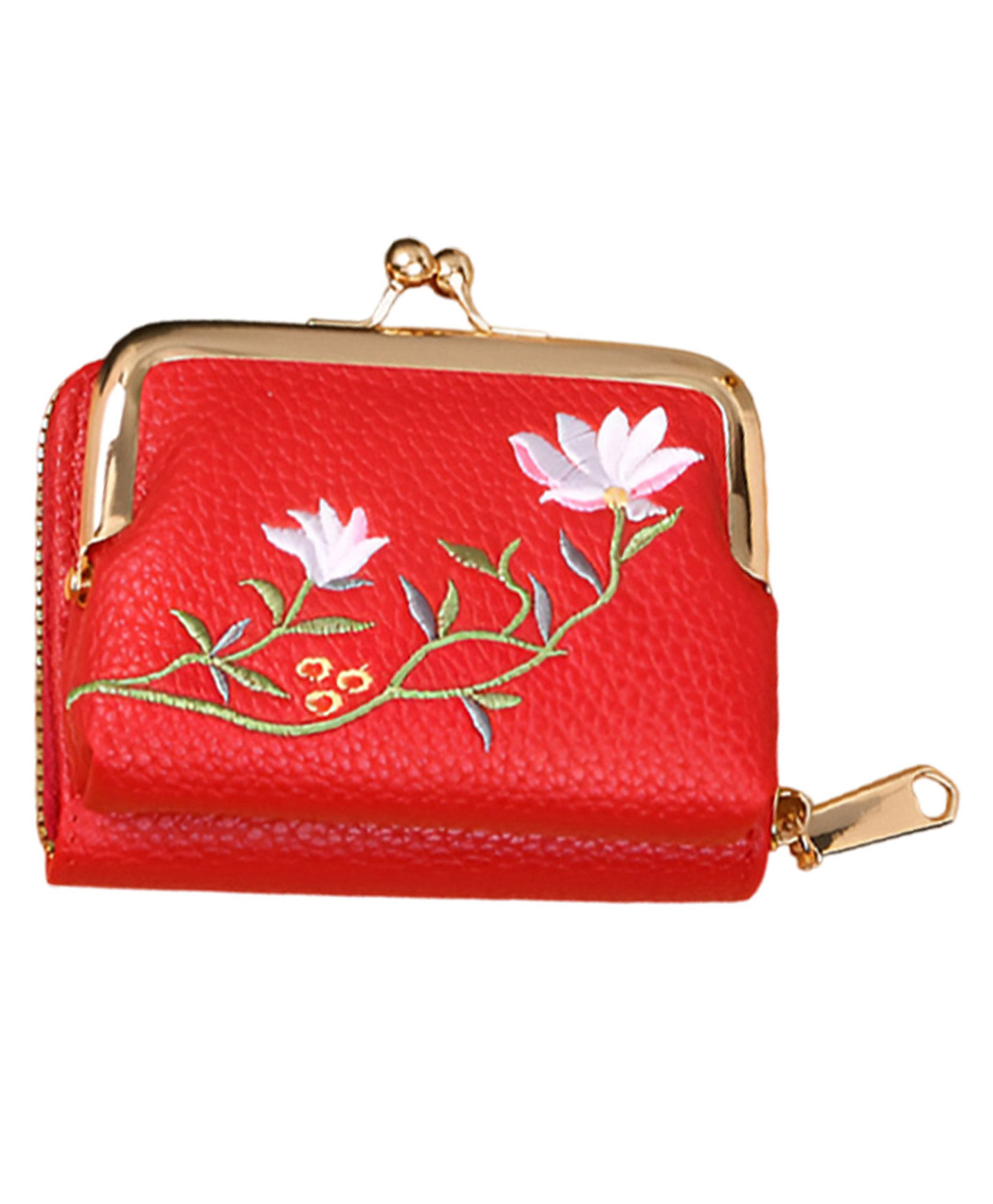 SYGA Women Embroidered Floral Wallet Compact Zip Coin Purse with Kiss-Lock Clasp & Dual Compartments(Red)-picture-24