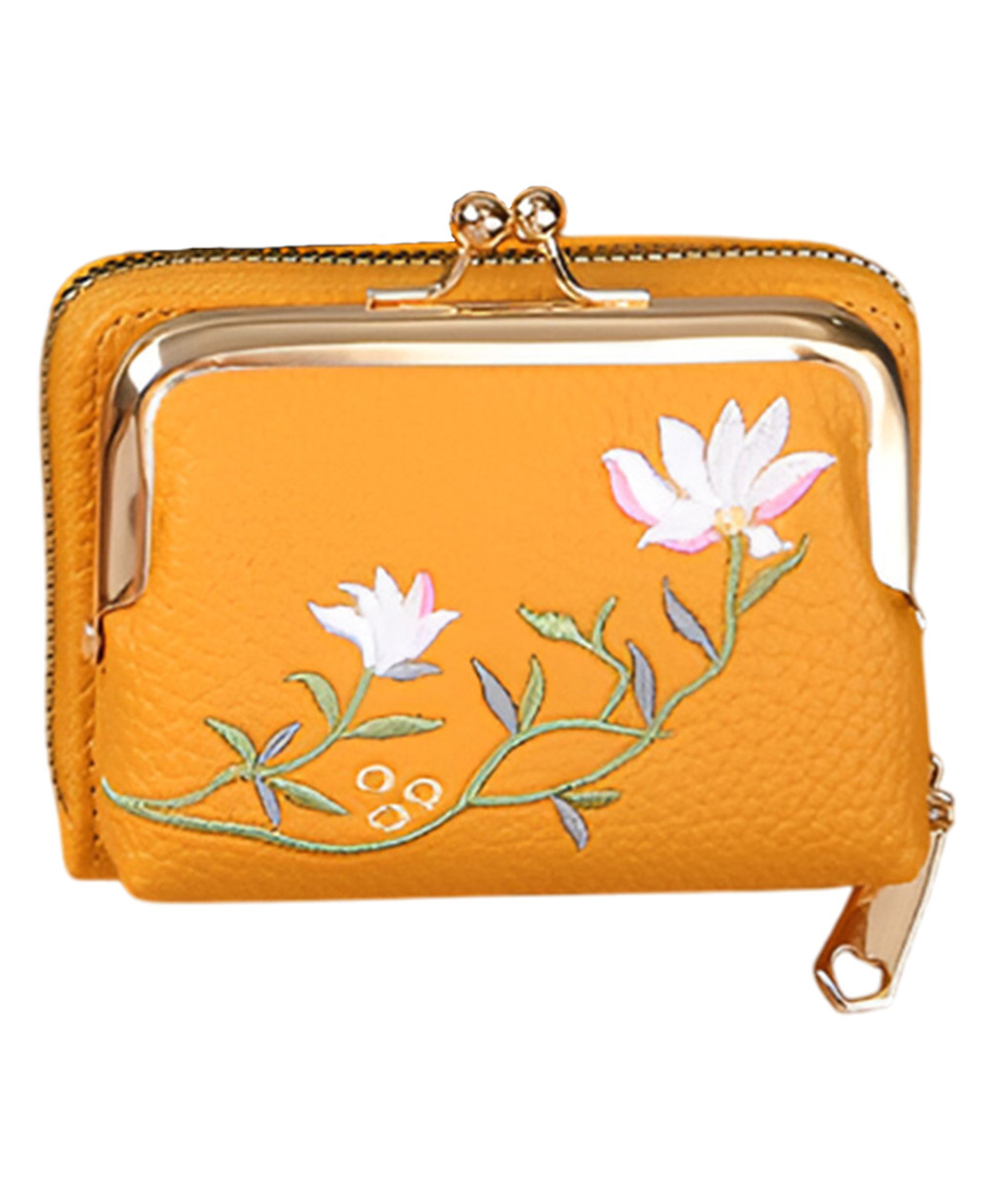 SYGA Women Embroidered Floral Wallet Compact Zip Coin Purse with Kiss-Lock Clasp & Dual Compartments(Yellow)-image-40