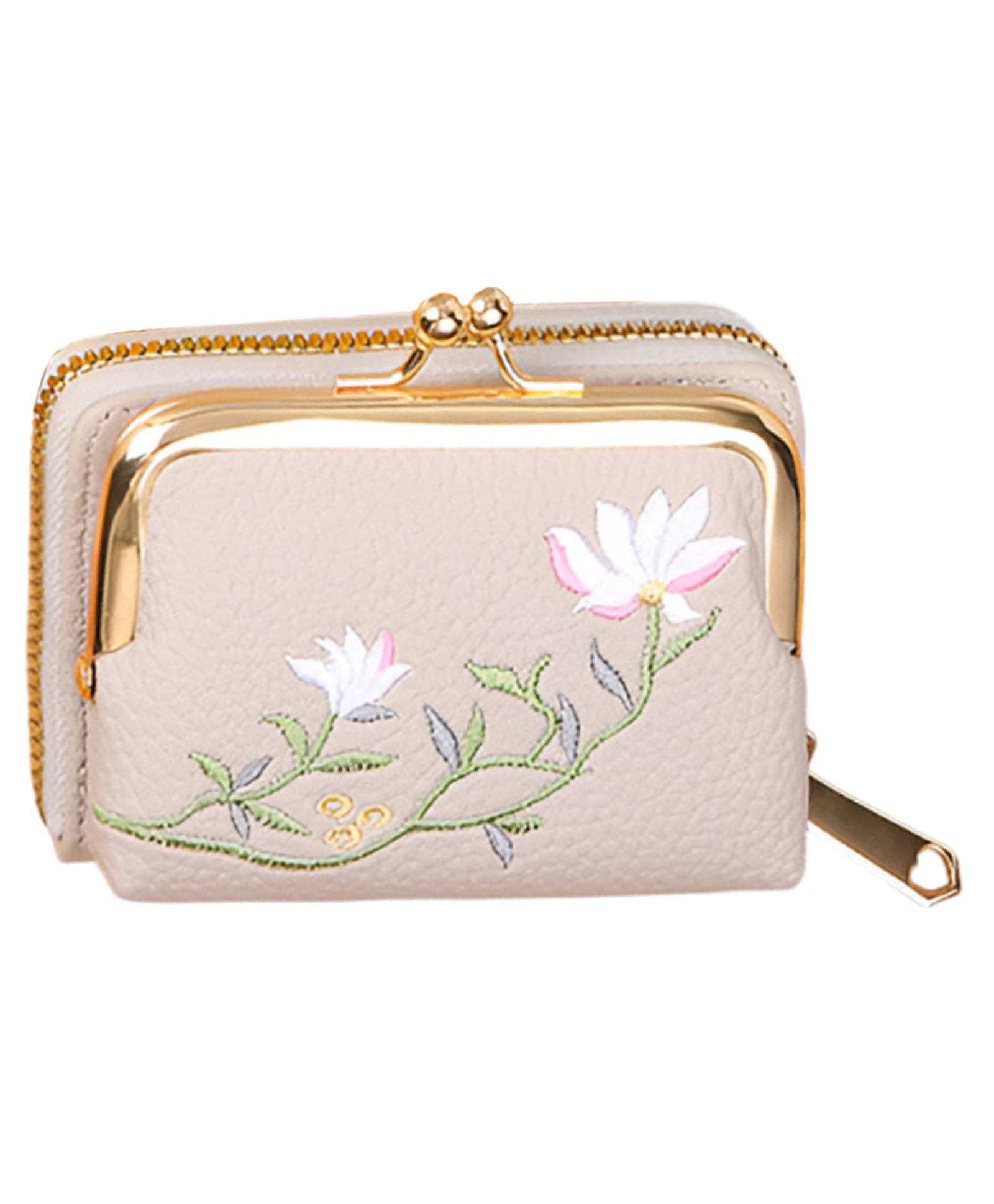 SYGA Women Embroidered Floral Wallet Compact Zip Coin Purse with Kiss-Lock Clasp & Dual Compartments(Grey)-image-35