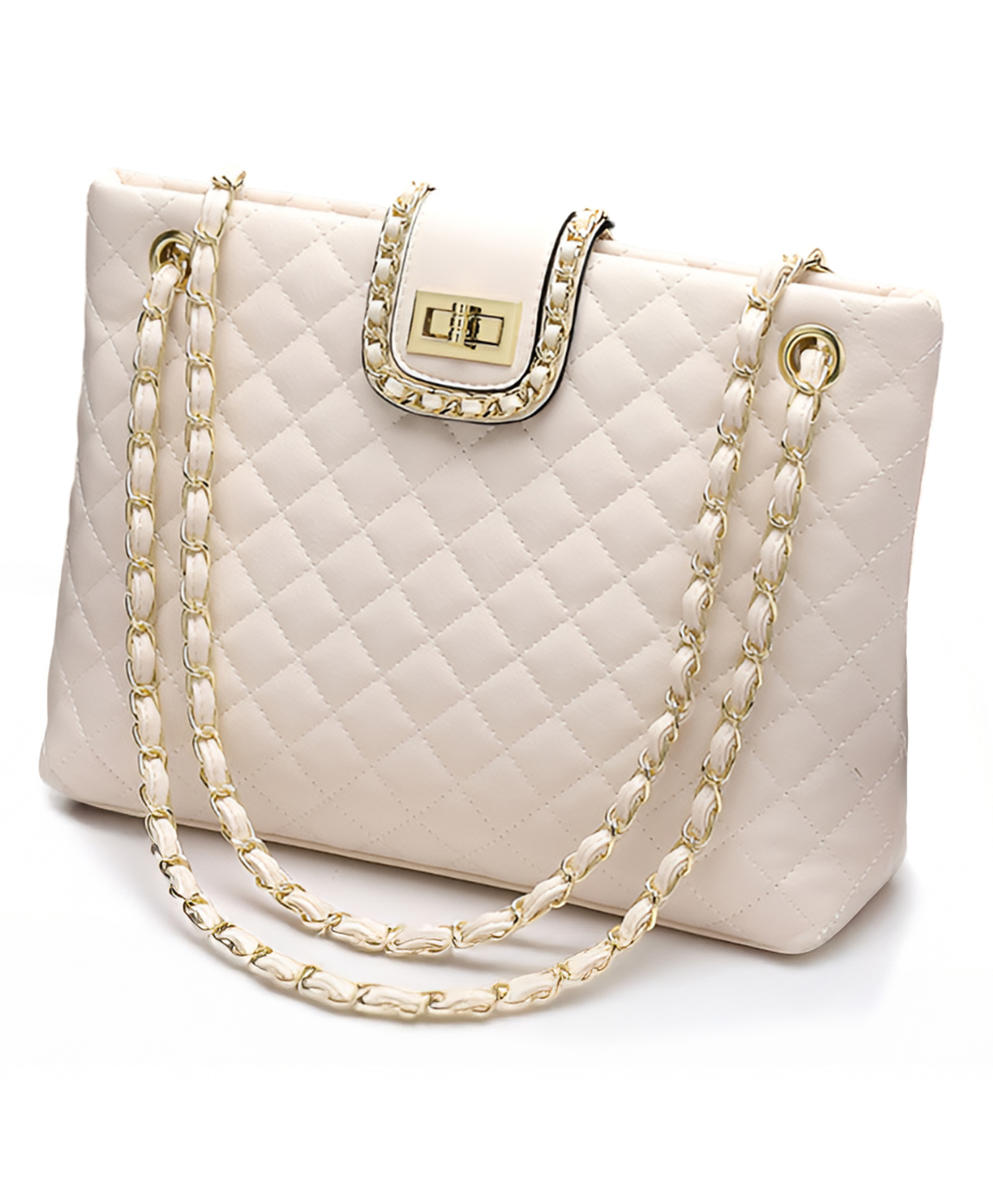 SYGA Women Elegant Quilted Chain Shoulder Bag Medium Soft Bucket Tote with Multi-Pocket Storage (White)