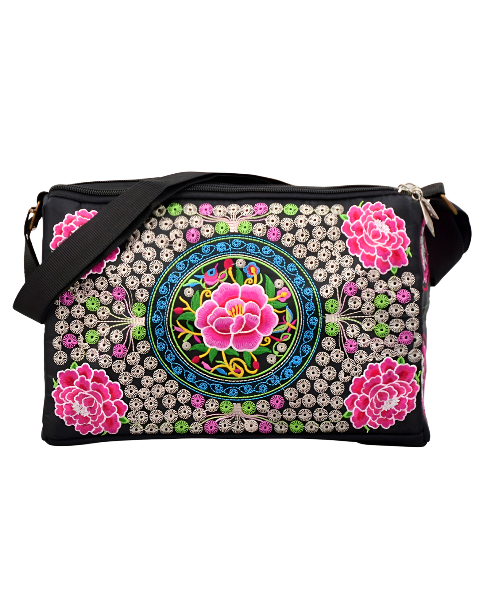 SYGA Women Boho Embroidered Floral Crossbody Bag Ethnic Style Shoulder Bag with Zipper Closure (Dark Pink)-image-2