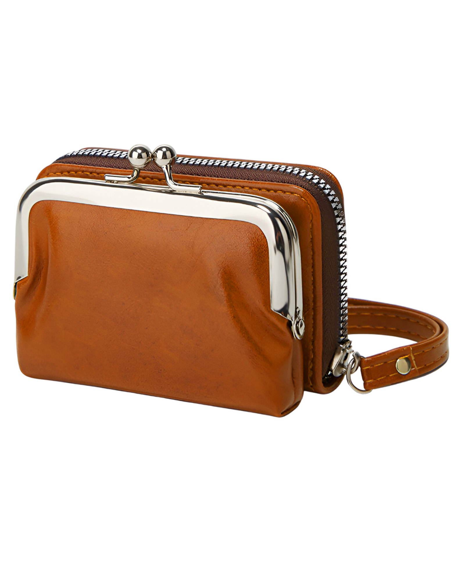 SYGA Women's Double Zipper Wallet with Kiss Lock Coin Purse Stylish Solid Color Wristlet(Light Brown)-picture-14
