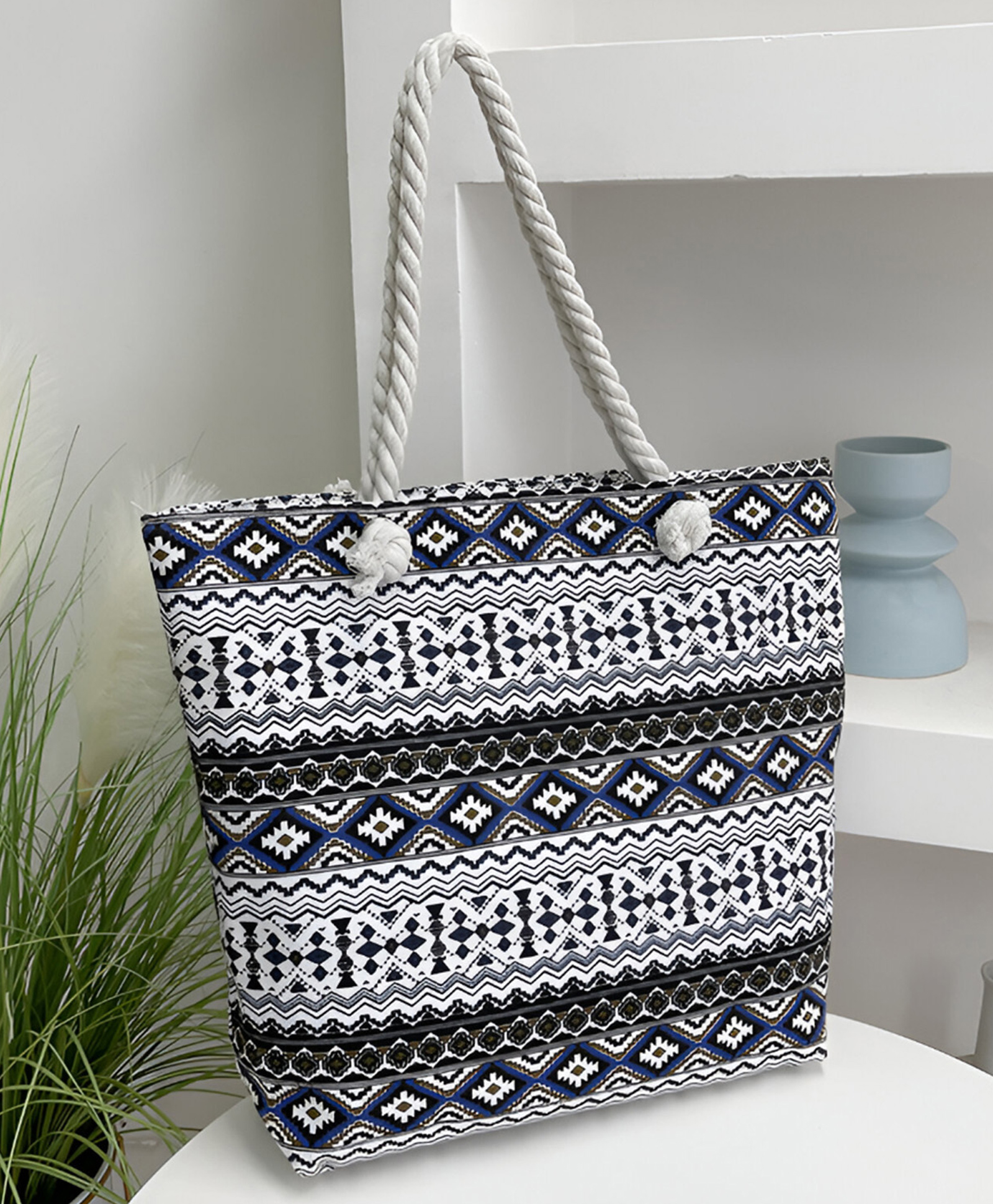 SYGA Women Printed Tote Bags Large Capacity Zipper Shoulder Bag with Rope Handles for Daily Use & Travel(Blue)-image-4