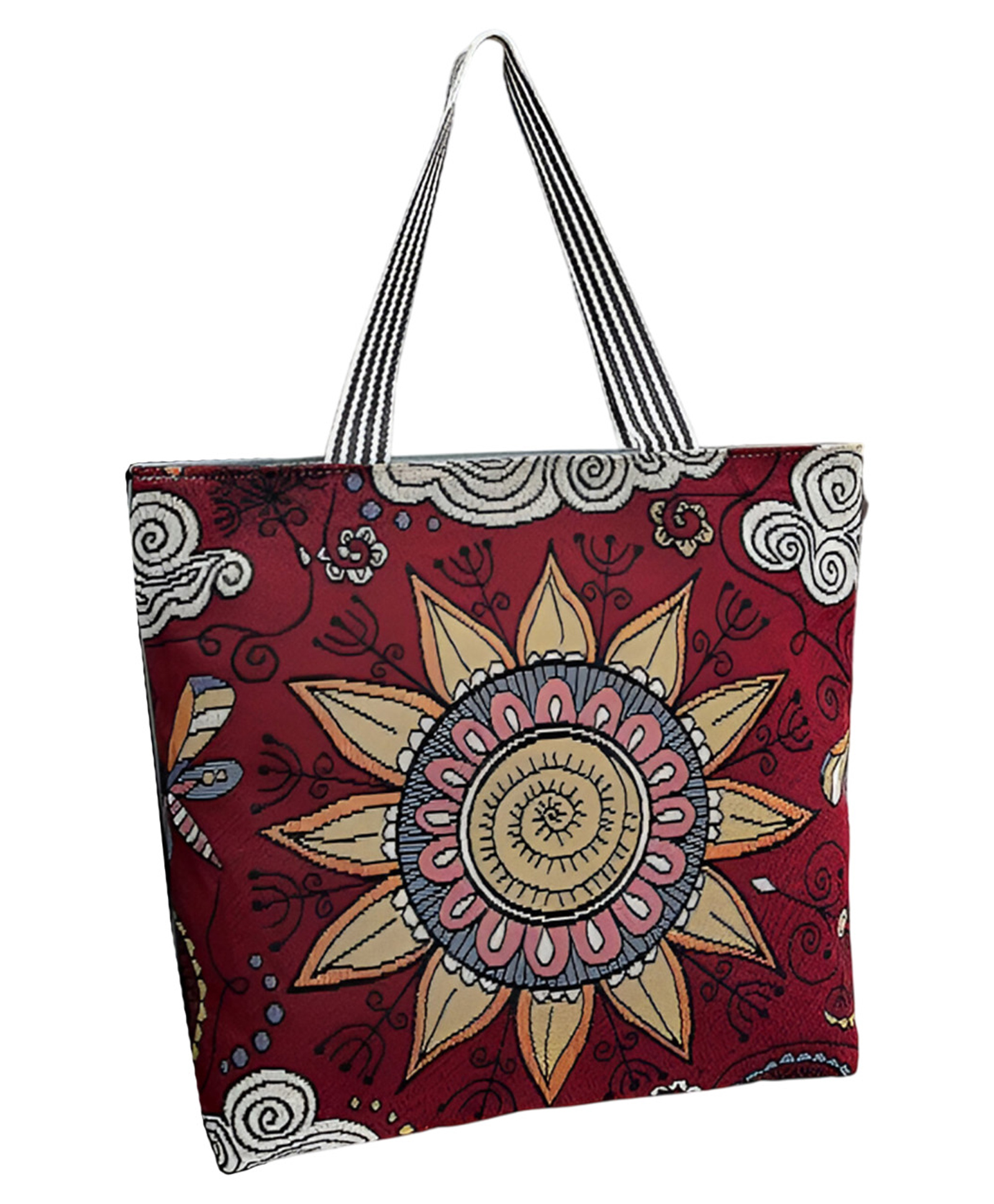 SYGA Women Boho Floral Tote Bag Stylish Zipper Shoulder Bag with Embroidered Print(Dark Red)-image-44