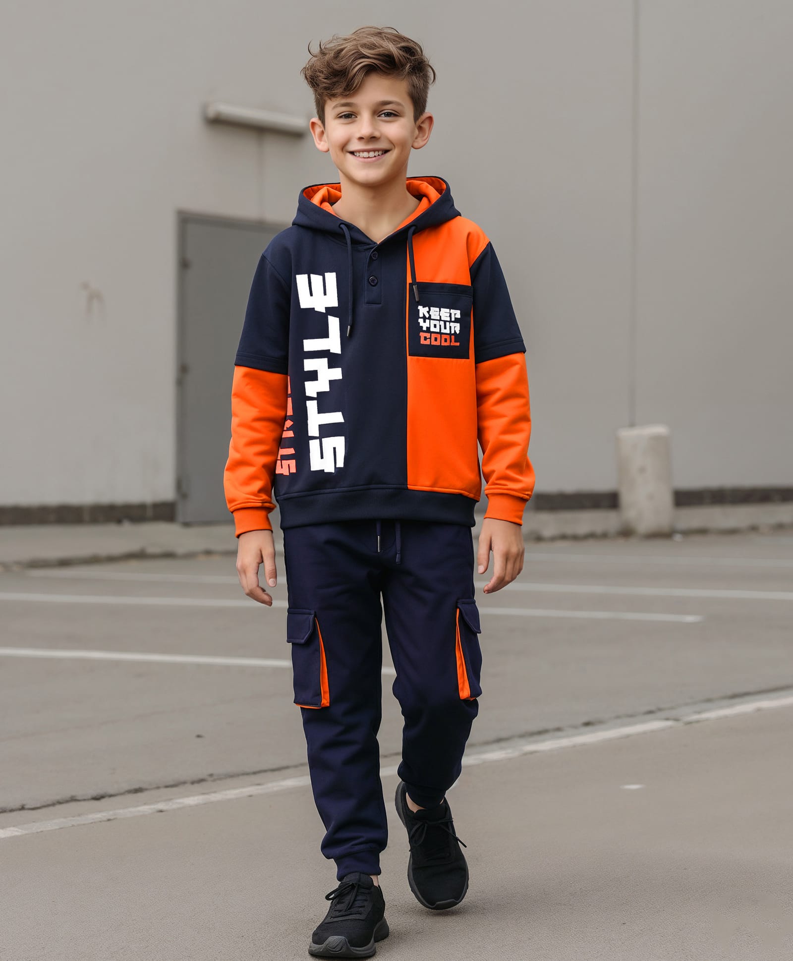 OLLINGTON ST. Cotton Color Block Full Sleeves Winter Wear Sweatshirt Hoodie & Knit Joggers Set - Navy & Rust Orange-image-41
