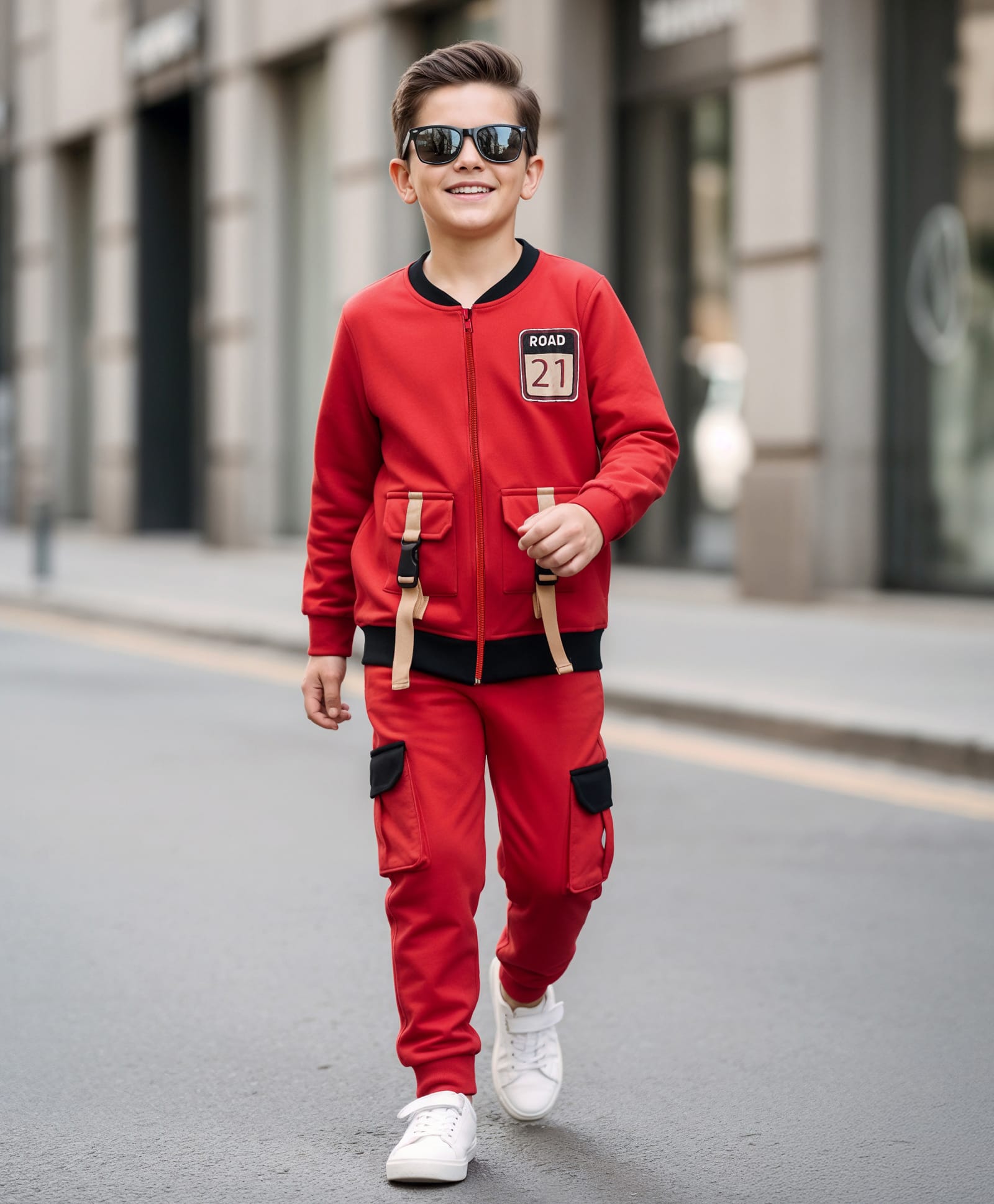 OLLINGTON ST. Cotton Knit Full Sleeves Sweatshirt & Knit Joggers With Pocket Detailing - Red