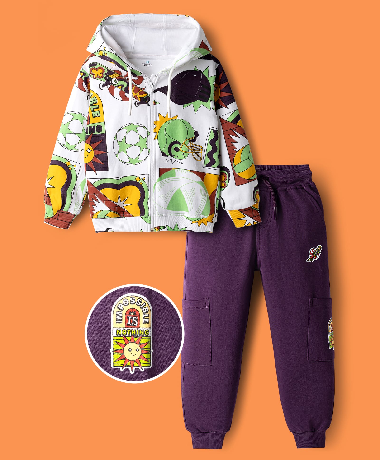 OLLINGTON ST. Cotton Knit Printed Full Sleeves Sweatshirt Hoodie & Knit Joggers - Multicolor & White-image-26