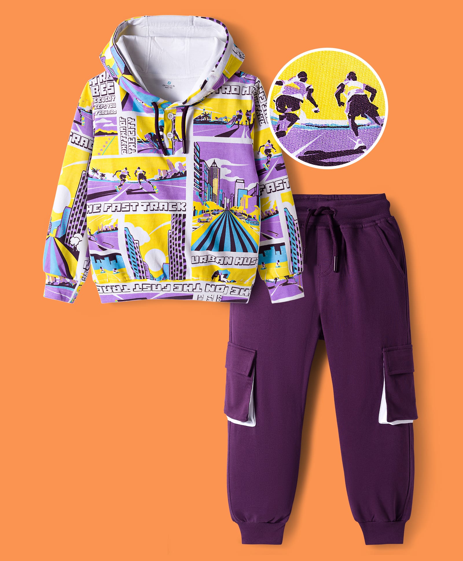 OLLINGTON ST. Cotton Knit Printed Full Sleeves Text Print Sweatshirt Hoodie & Knit Joggers - Multicolor & Purple-picture-25