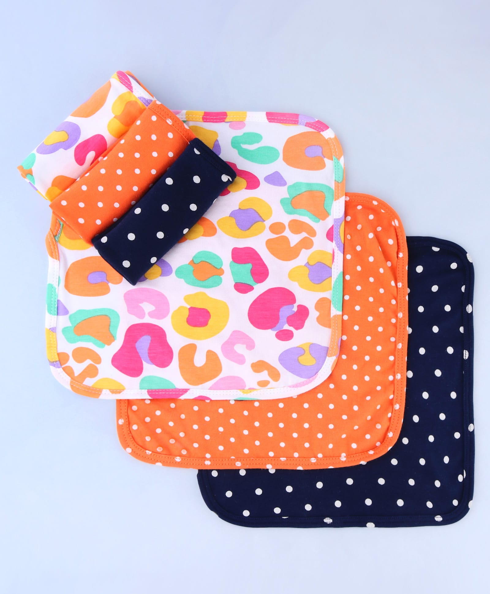 Babyhug Cotton Knit Wash Cloths with Floral & Polka Dot Pack Of 6 L 25.4 x B 25.4 cm - White Orange & Navy Blue-image-9