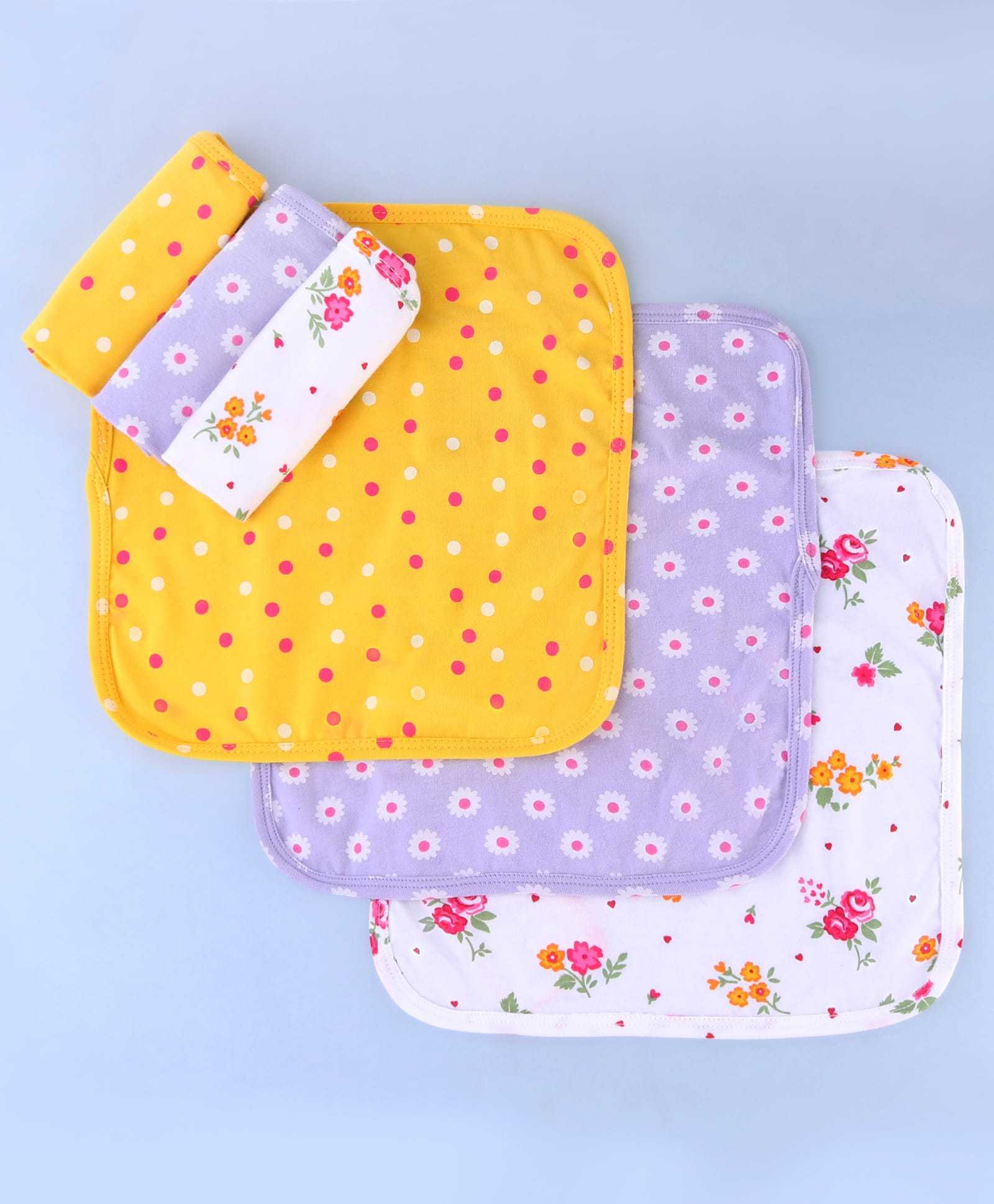 Babyhug Cotton Knit Wash Cloths with Floral Print Pack Of 6 L 25.4 x B 25.4 cm - White Yellow & Plum-picture-12
