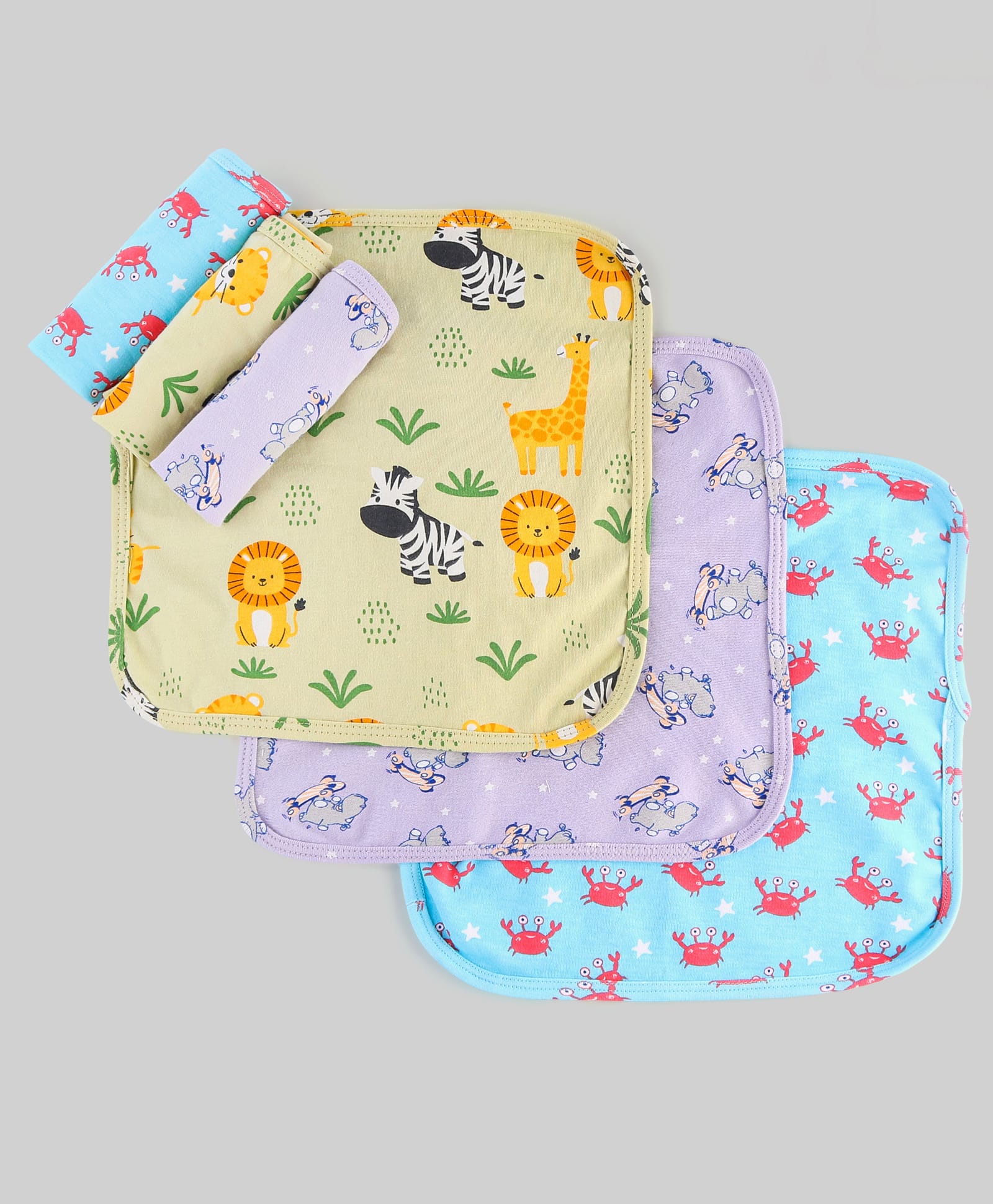 Babyhug Cotton Knit Wash Cloth with Animal & Sea Life Print Pack of 6 - Yellow Lilac & Light Blue-image-33