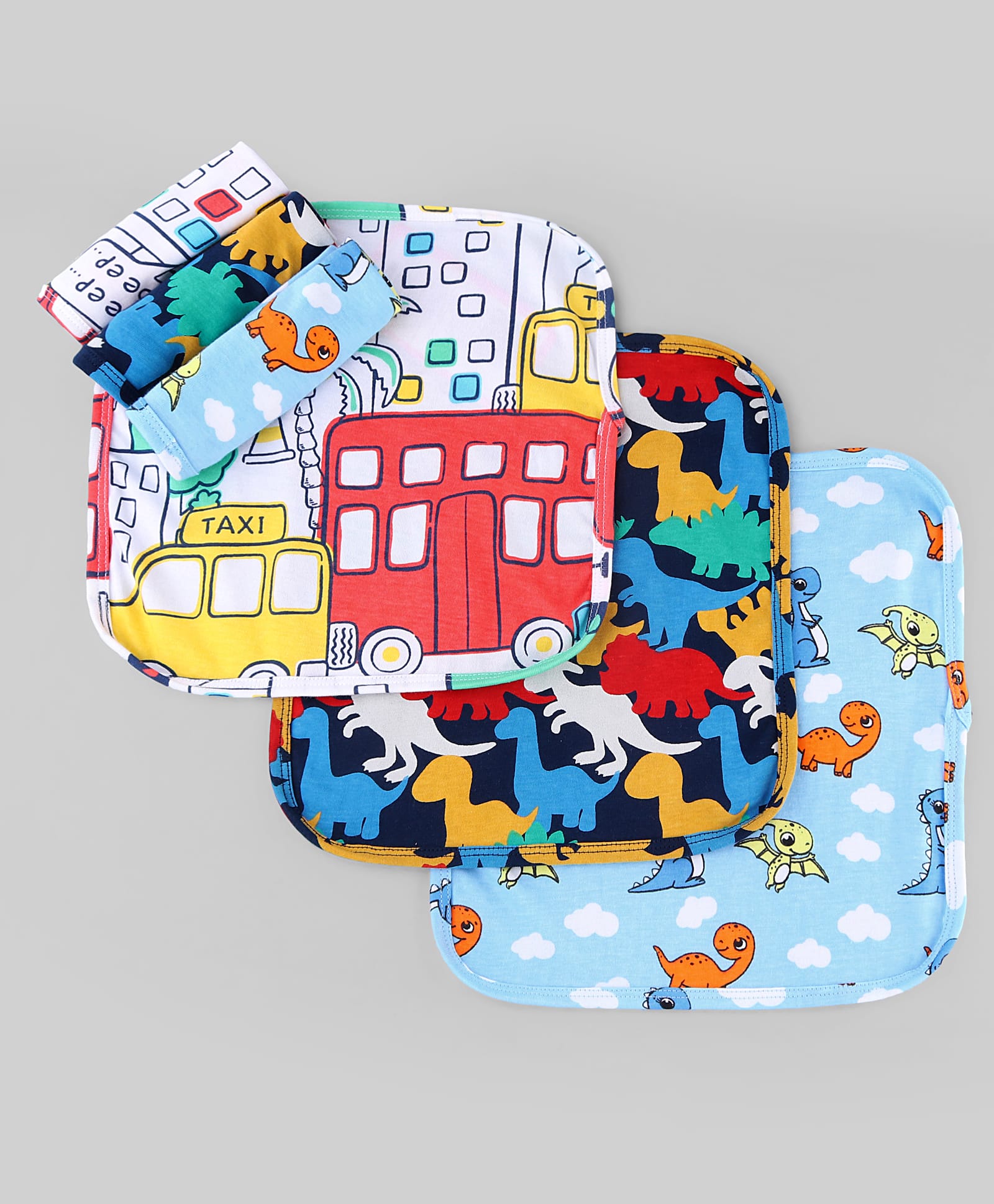 Babyhug Cotton Knit Wash Cloth with Animal & Vehicle Print Pack of 6 - Light Blue & Navy Blue-image-38