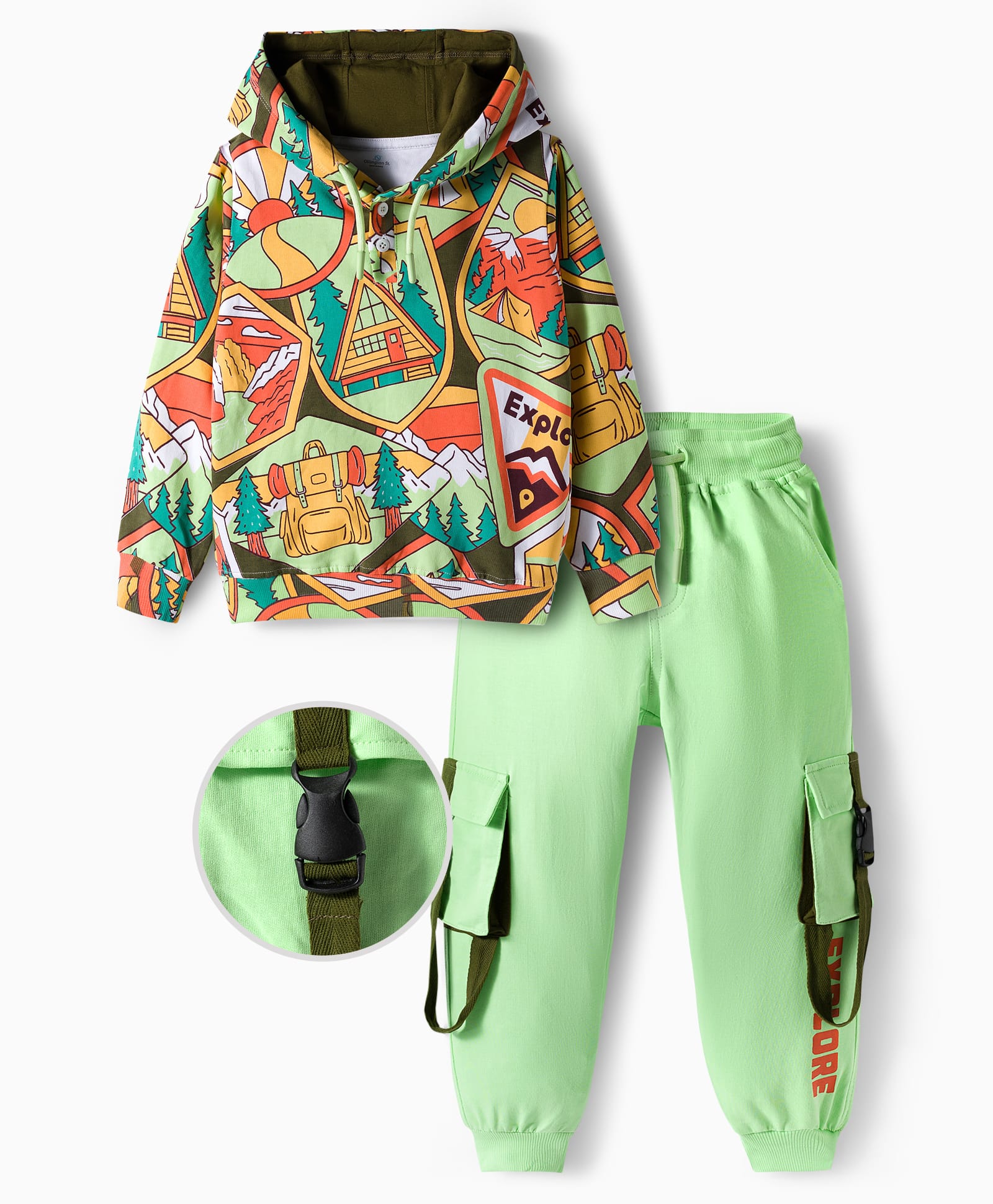 OLLINGTON ST. Cotton Knit Printed Full Sleeves Explorer Text Print Sweatshirt Hoodie & Knit Joggers - Multicolor & Light Green-image-8