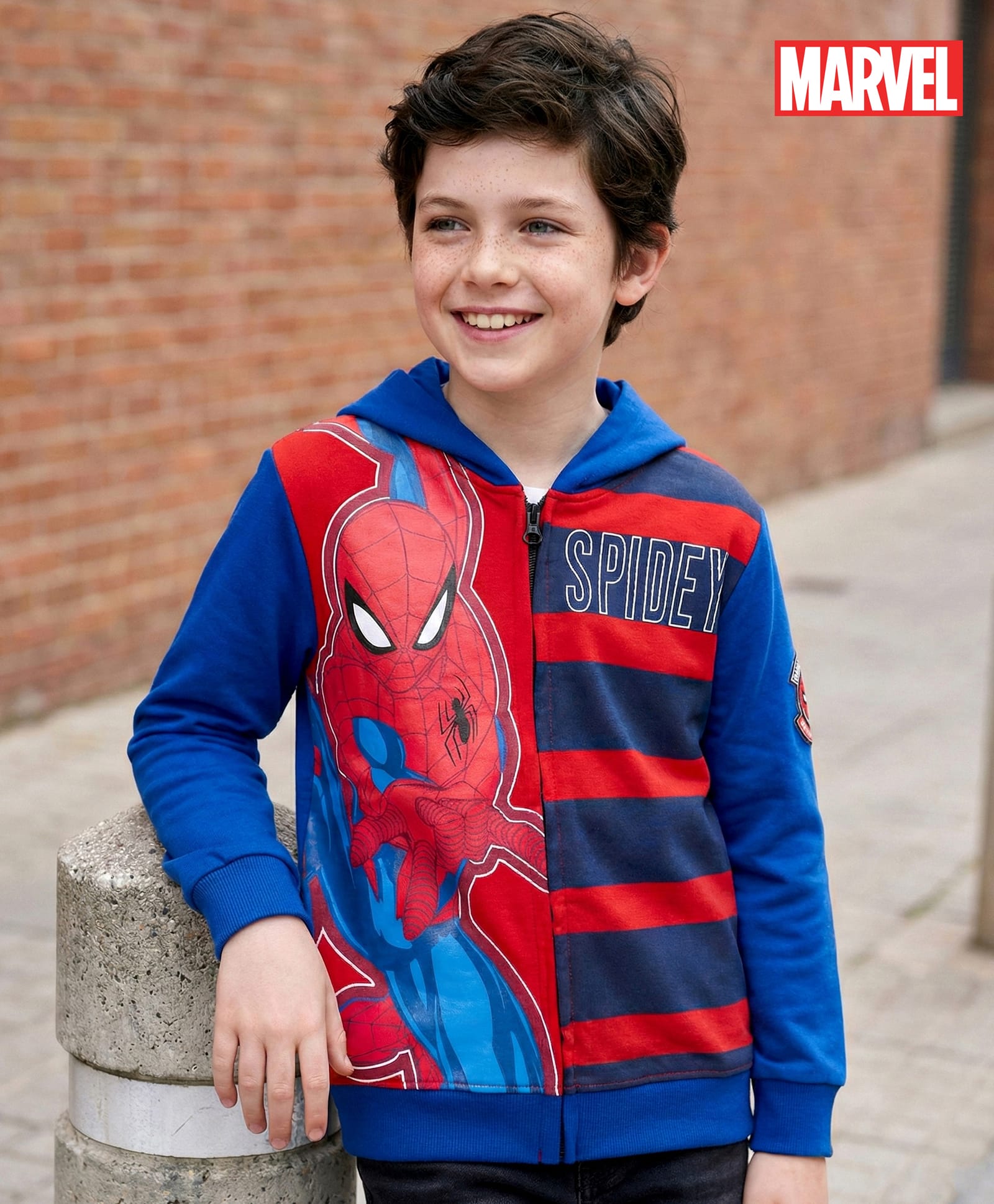 Pine Kids Marvel Terry Knit Hooded Full Sleeves Sweatjacket with Spider-Man Graphic - Blue & Red-picture-10