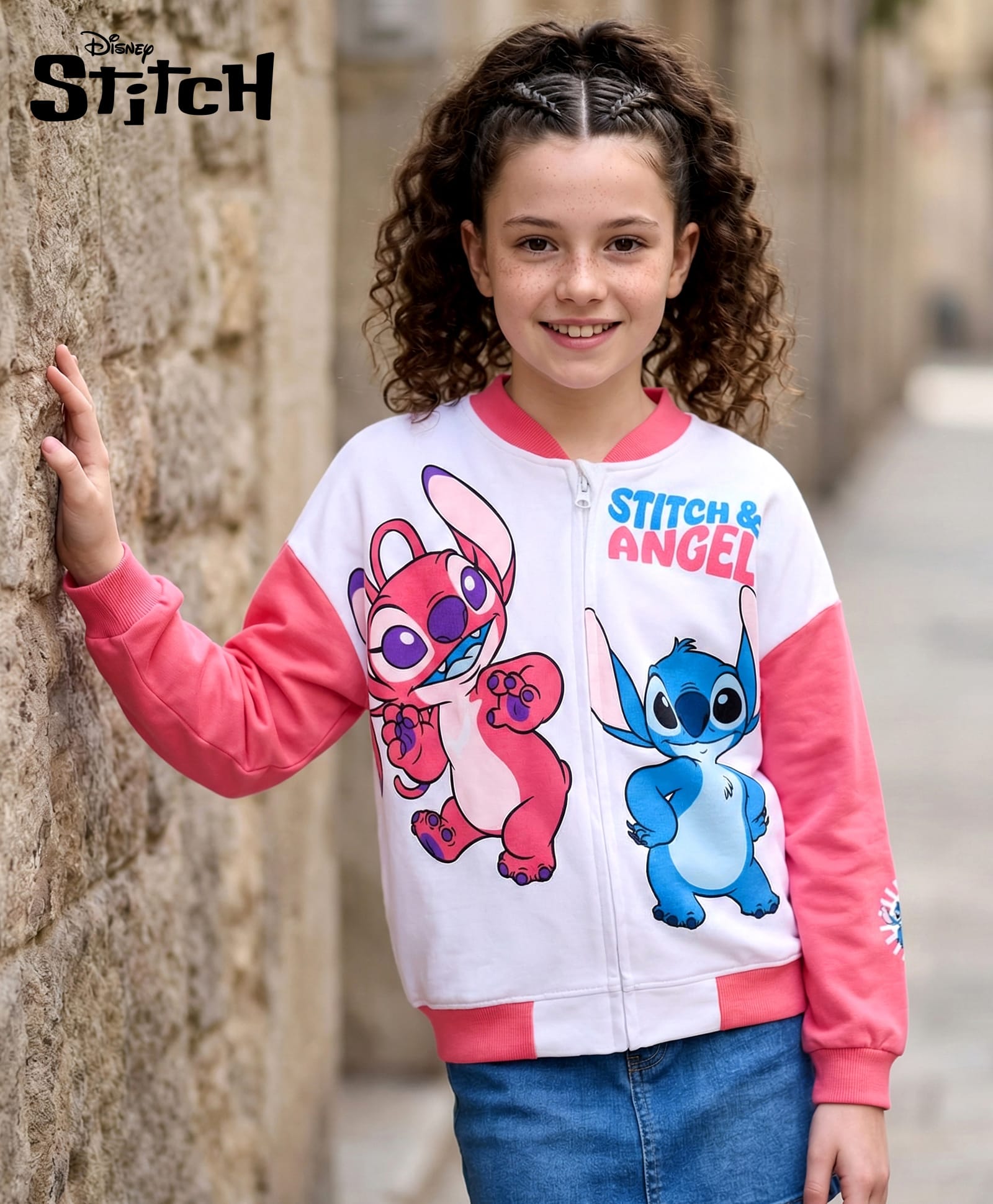Pine Kids Disney Terry Knit Full Sleeves Sweatjacket With Stitch & Angel Graphics - Pink & White-picture-25