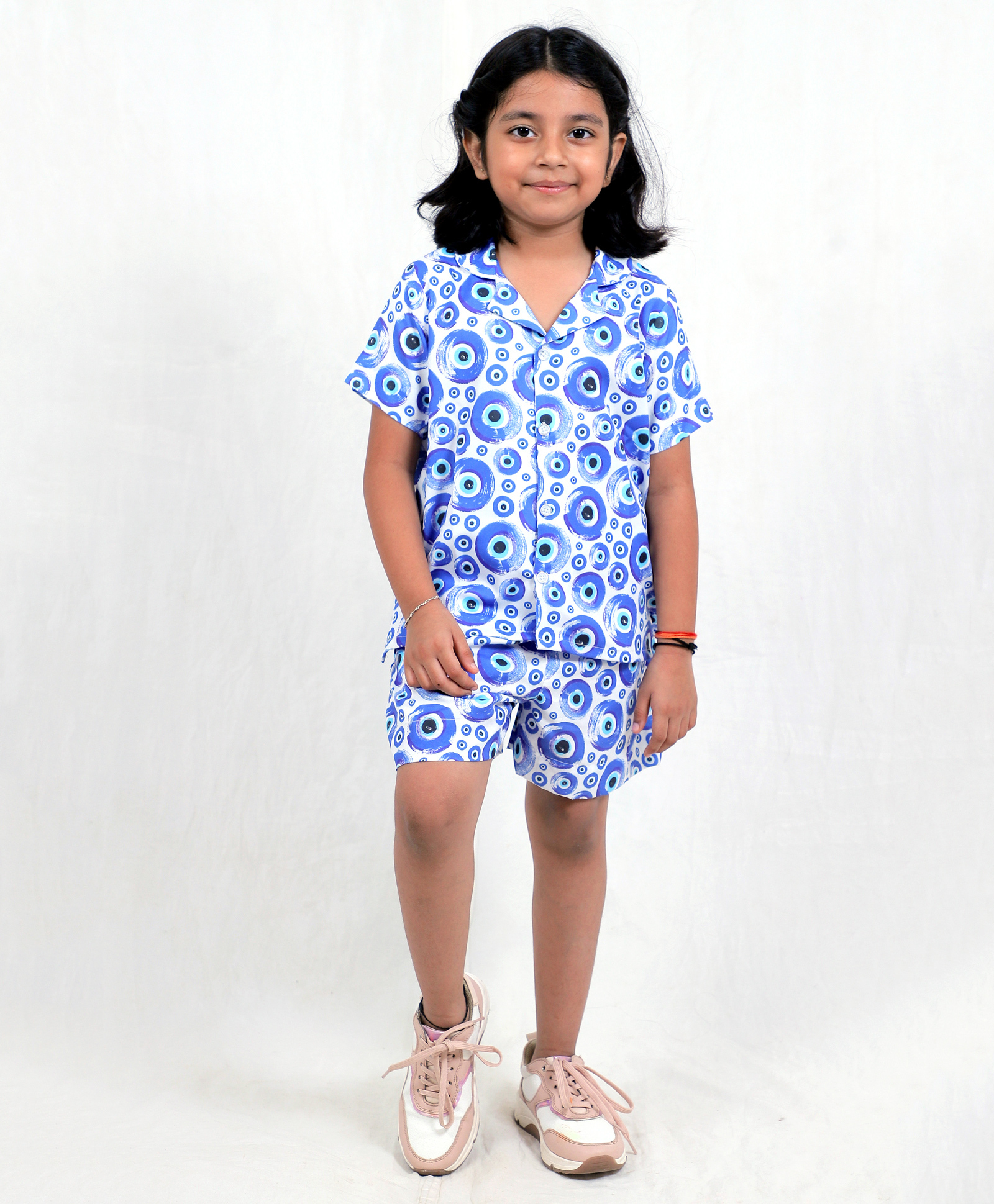 Tilism Knit Half Sleeves Evil Eye Printed Shirt & Shorts Coordinating Night Suit Set - Blue-picture-45