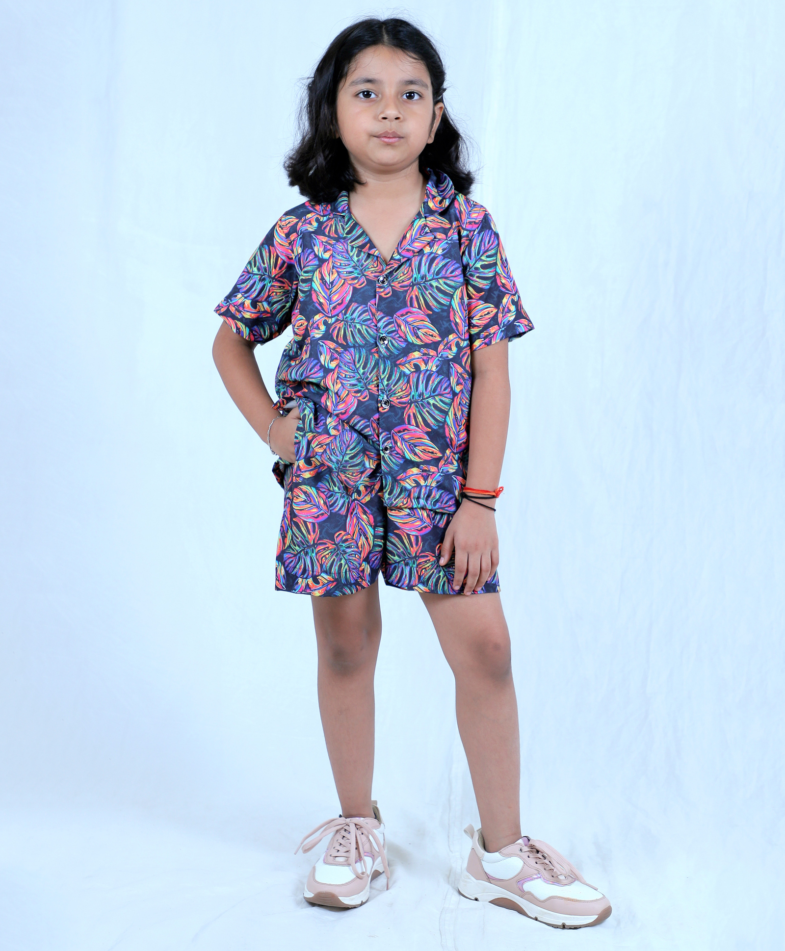 Tilism Knit Half Sleeves Leaves Printed Shirt & Shorts Coordinating Night Suit Set - Multi Colour-picture-27