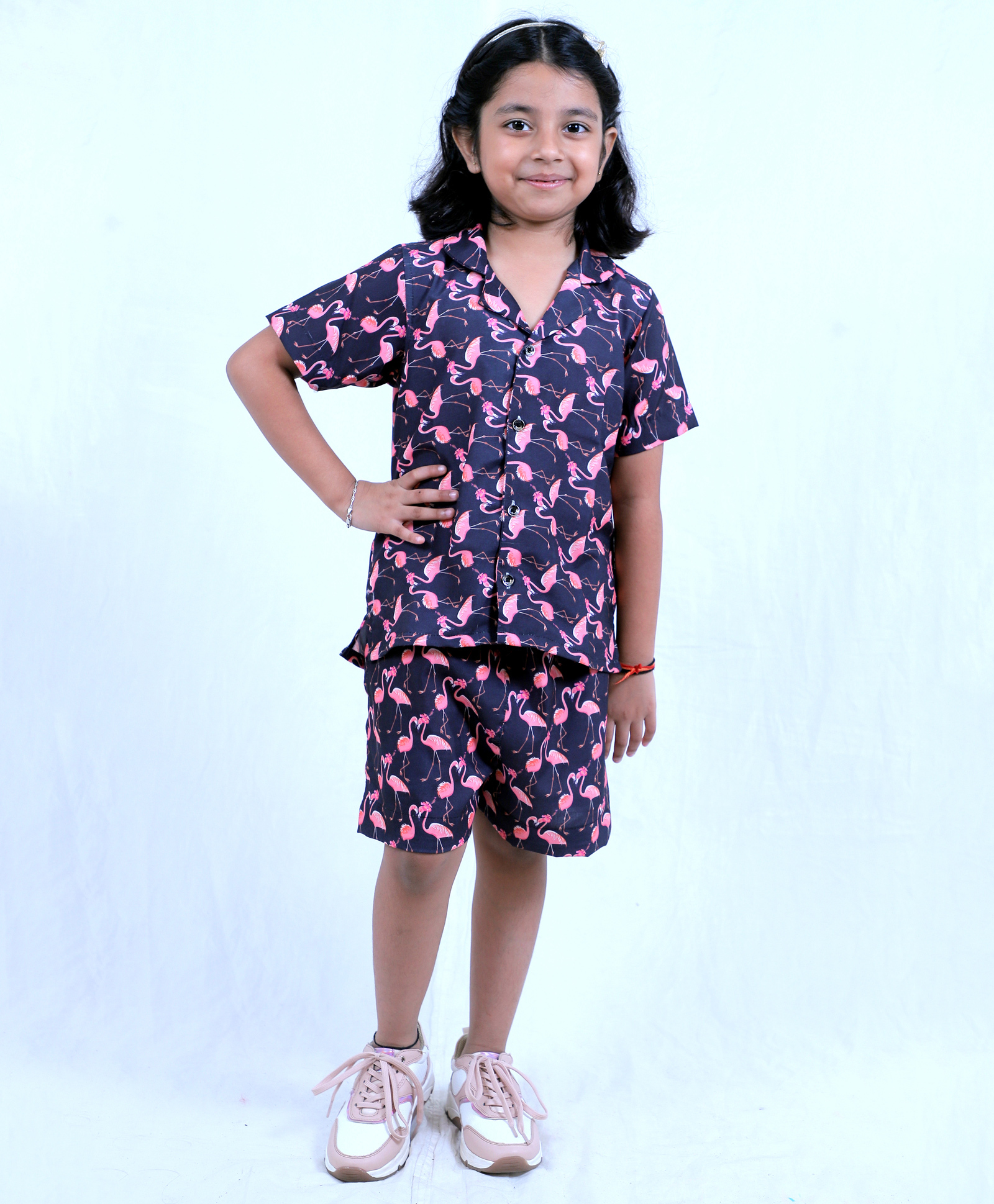 Tilism Knit Half Sleeves Flamingoes Printed Coordinating Shirt & Shorts Night Suit Set - Multi Colour-picture-28