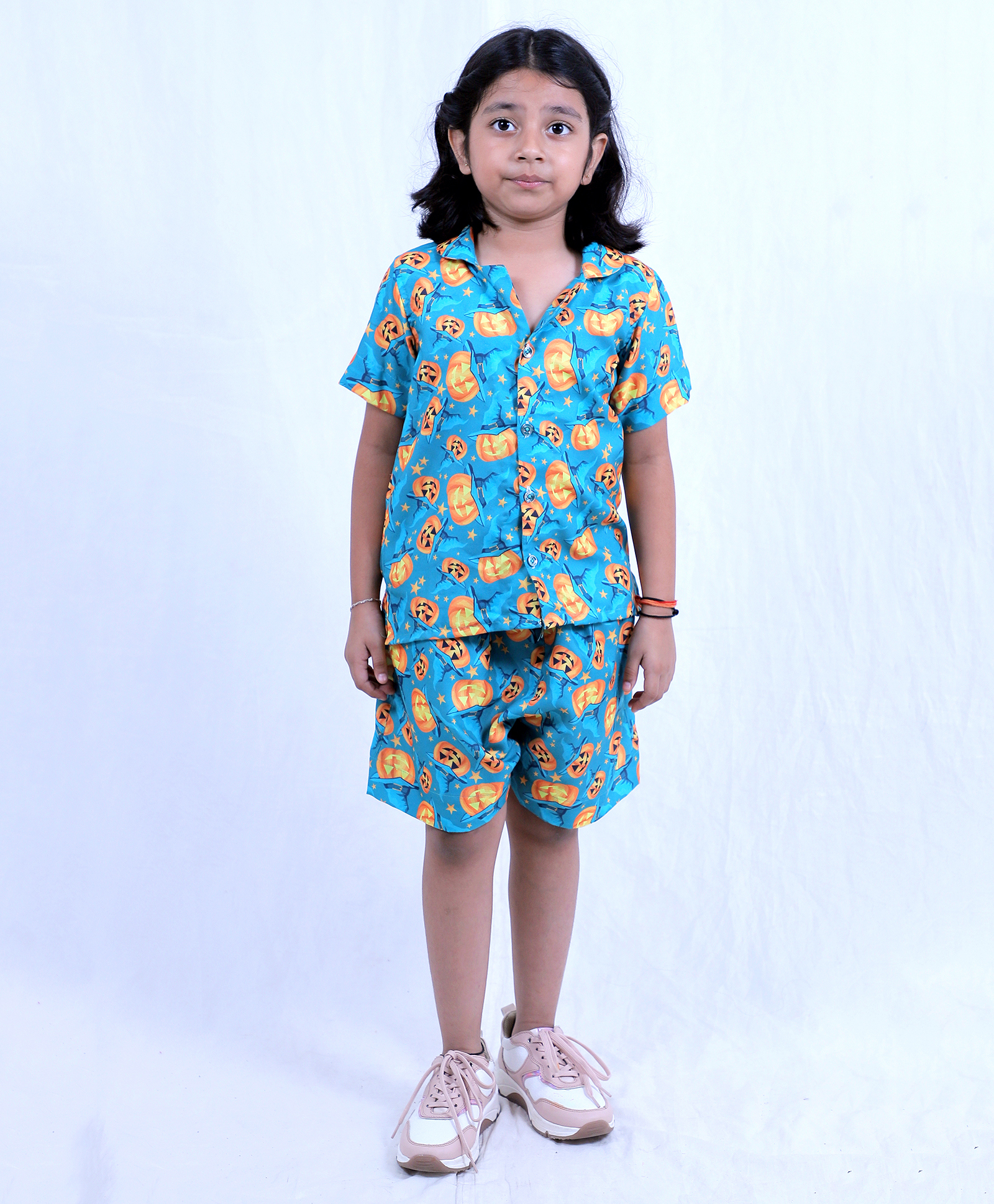Tilism Cotton Knit Half Sleeves Spooky Pumpkin Printed Coordinating Shirt & Shorts Night Suit Set - Multi Colour-picture-43