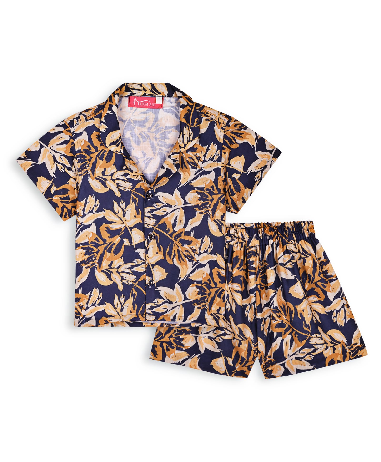 Tilism Knit Half Sleeves Leaves Printed Shirt & Shorts Coordinating Night Suit Set - Multi Colour-picture-37