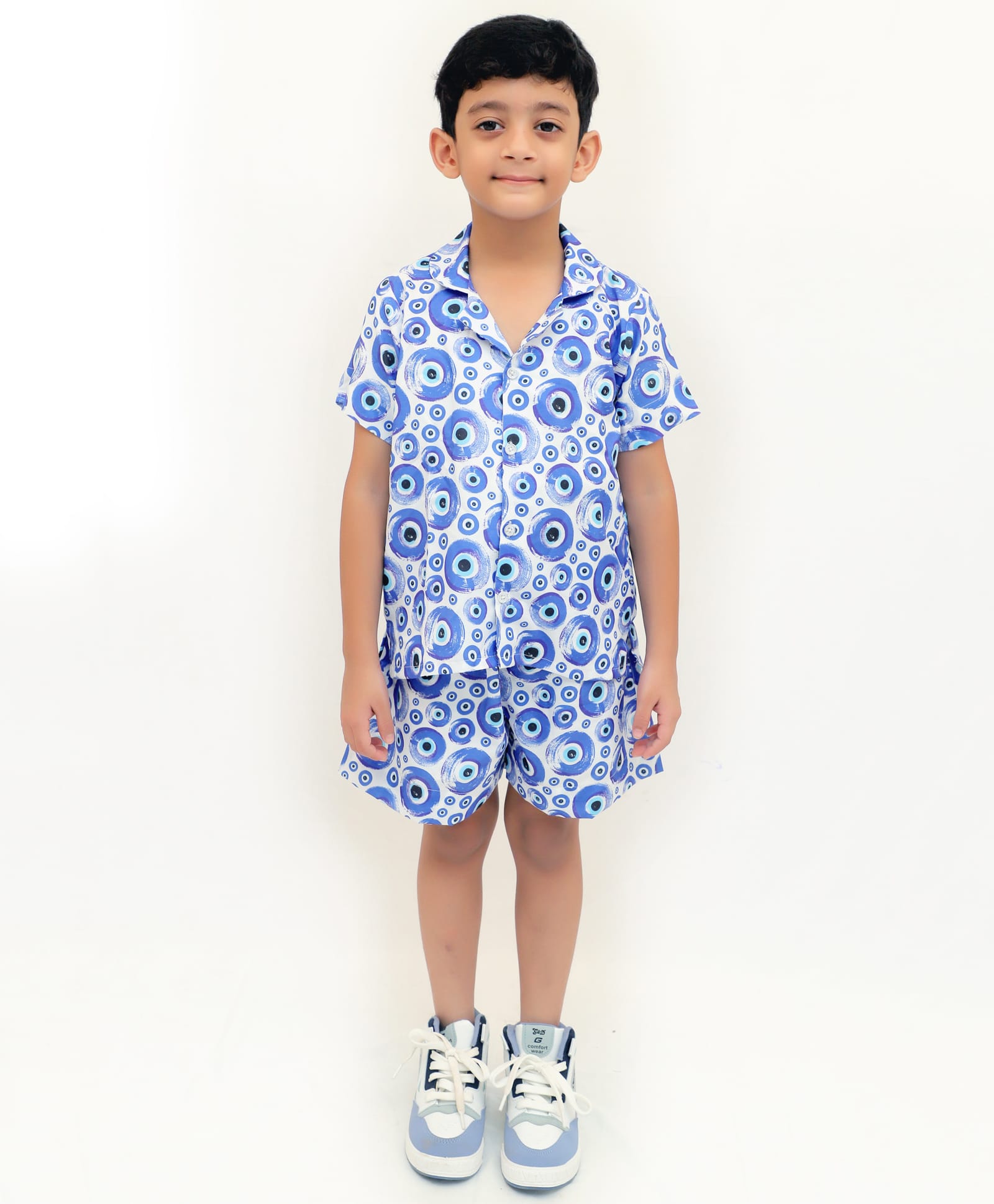 Tilism Knit Half Sleeves Evil Eye Printed Shirt & Shorts Coordinating Night Suit Set - Multi Colour-picture-47