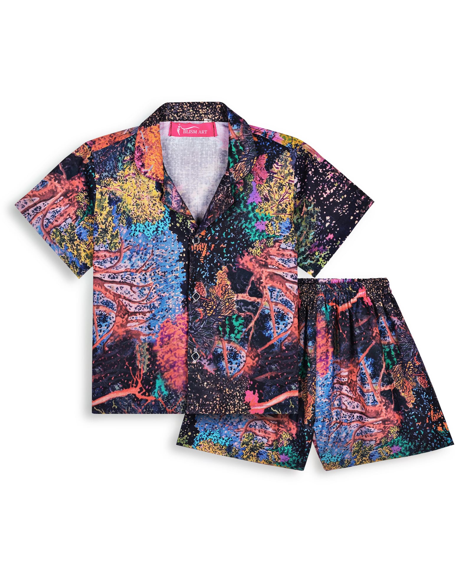 Tilism Knit Half Sleeves Abstract Printed Shirt & Shorts Coordinating Night Suit Set - Multi Colour-picture-8