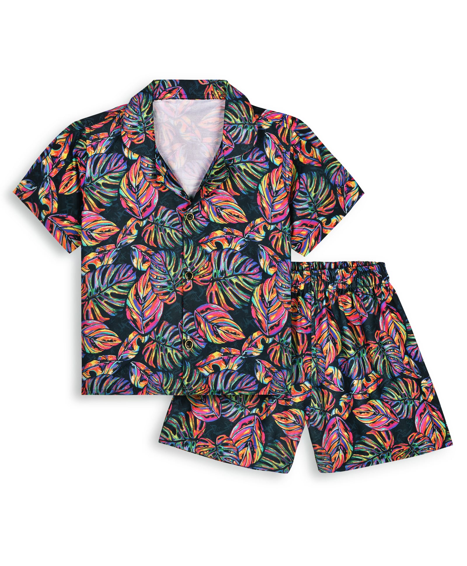 Tilism Knit Half Sleeves Leaves Printed Shirt & Shorts Coordinating Night Suit Set - Multi Colour-picture-21