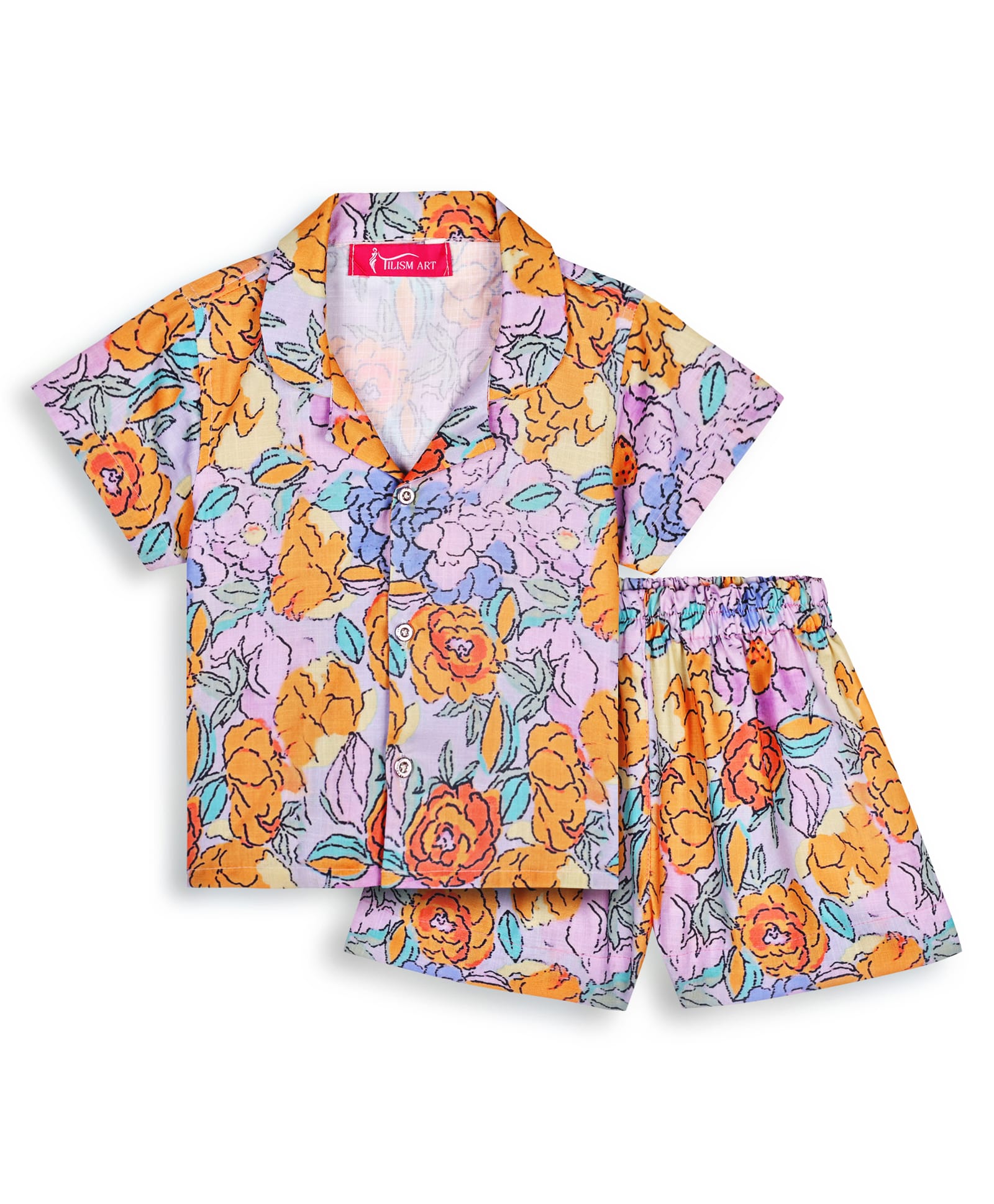 Tilism Knit Half Sleeves Floral Printed Coordinating Shirt & Shorts Night Suit Set - Multi Colour-picture-14