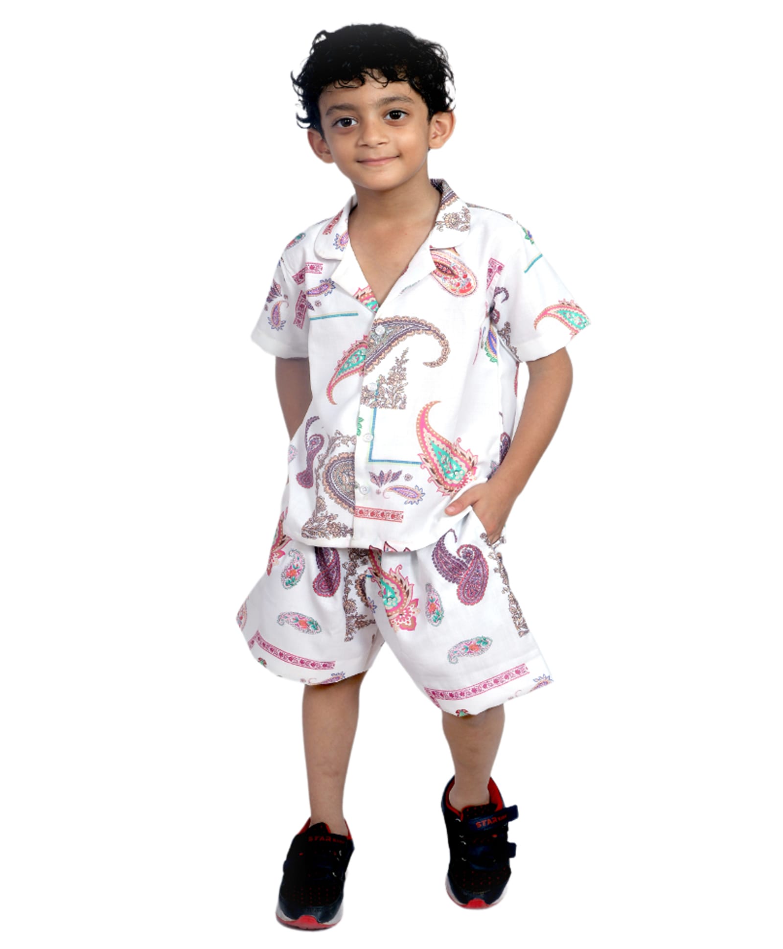 Tilism Knit Half Sleeves Paisley Printed Coordinating Shirt & Shorts Night Suit Set - Multi Colour-picture-36