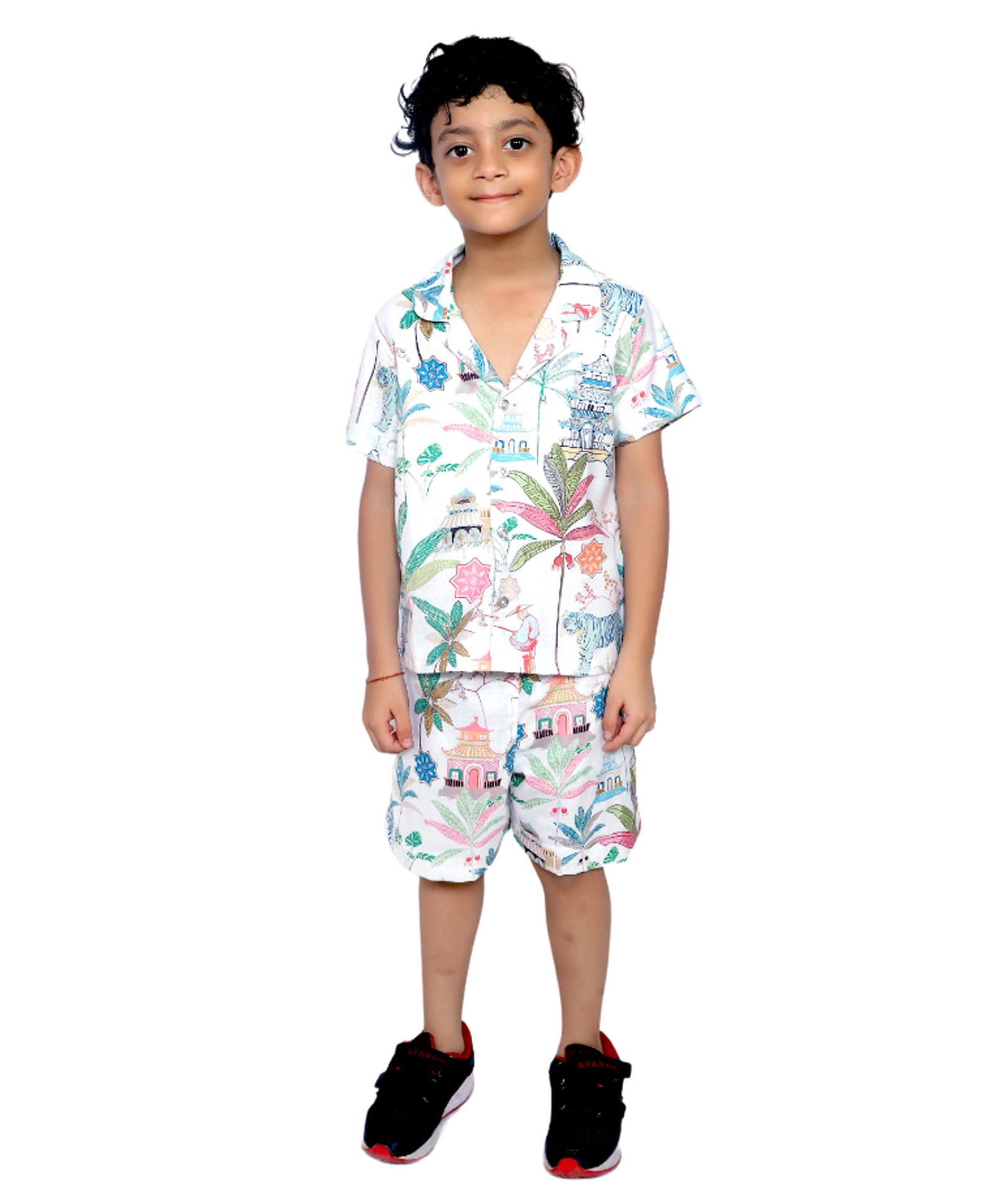 Tilism Knit Half Sleeves Jungle Theme & Temple Printed Coordinating Shirt & Shorts Night Suit Set - Multi Colour-picture-19