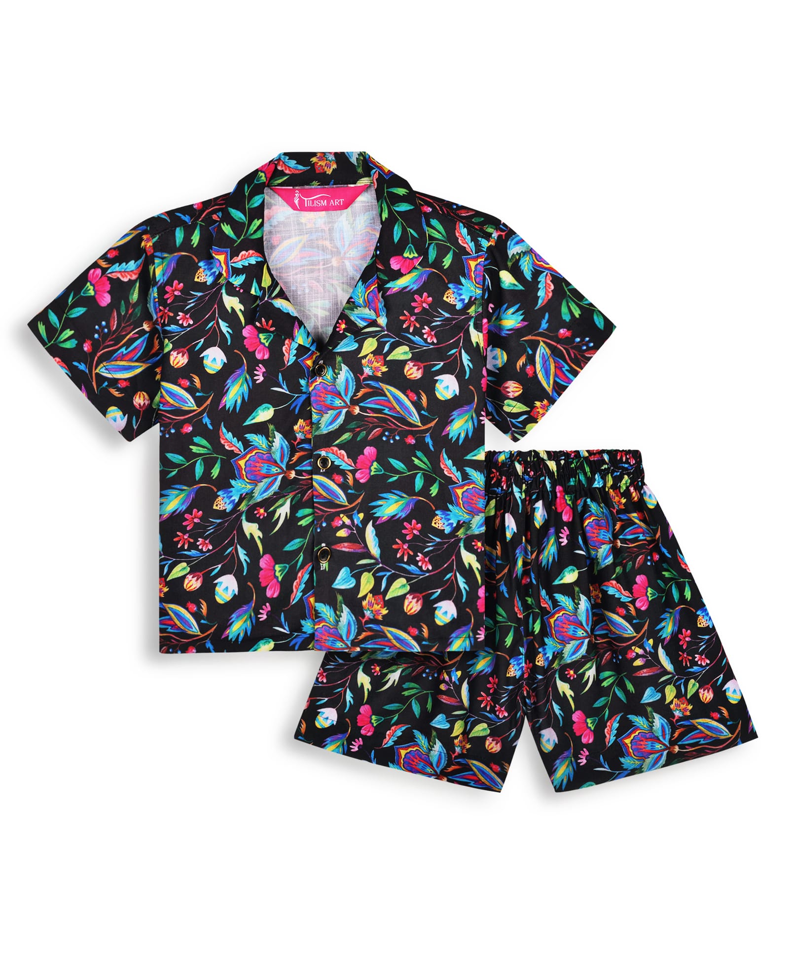 Tilism Knit Half Sleeves Floral Printed Coordinating Shirt & Shorts Night Suit Set - Multi Colour-picture-30