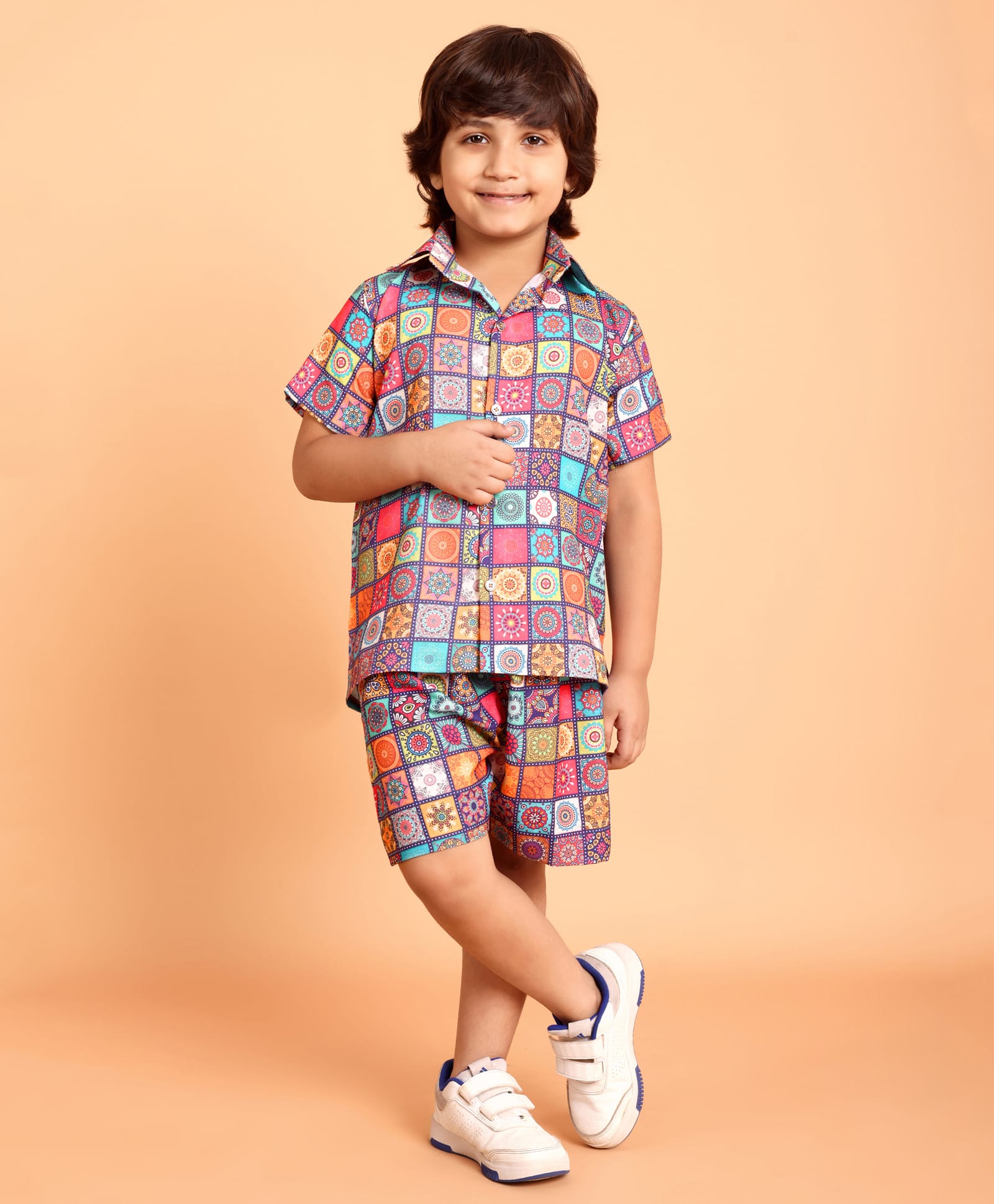 Tilism Knit Half Sleeves Mandala Printed Coordinating Shirt & Shorts Night Suit Set - Multi Colour-image-11