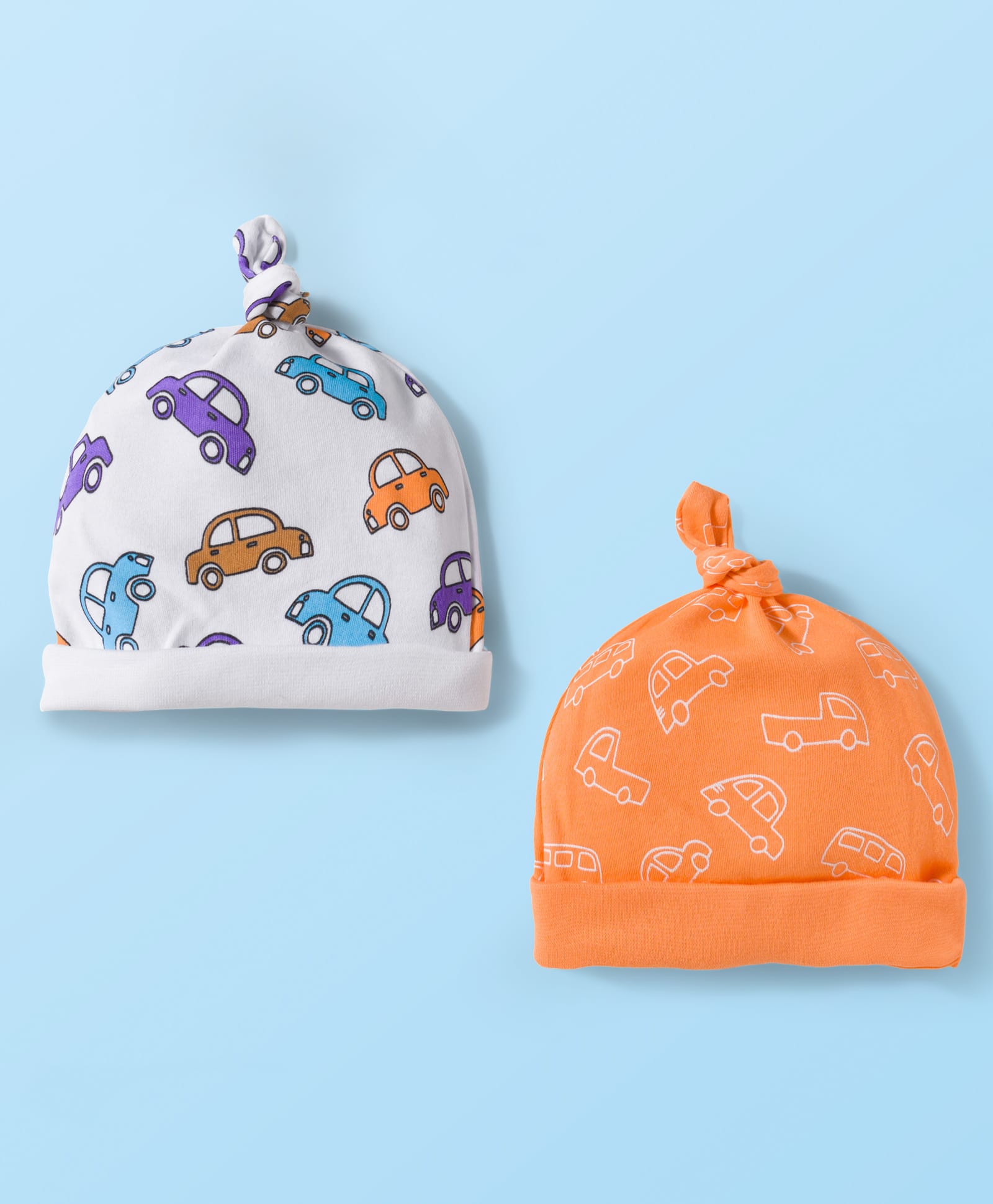 Babyhug 100% Cotton Knit Cap with Vehicle Print Pack of 2 White & Orange - 19.5 cm Diameter-image-10