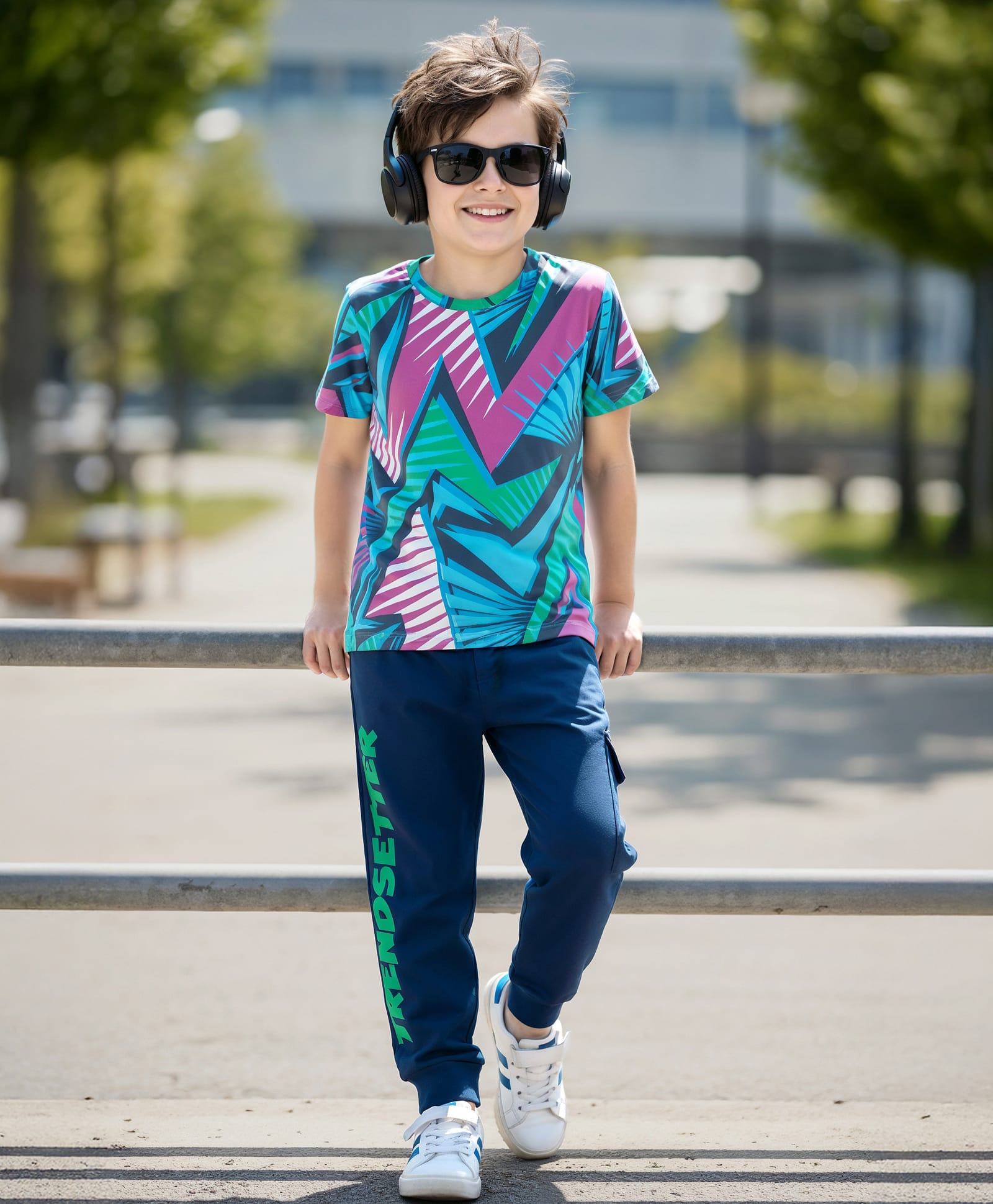 OLLINGTON ST. 100% Cotton Half Sleeves Printed Tshirt & Jogger Set - Multicolor & Navy Blue-image-17