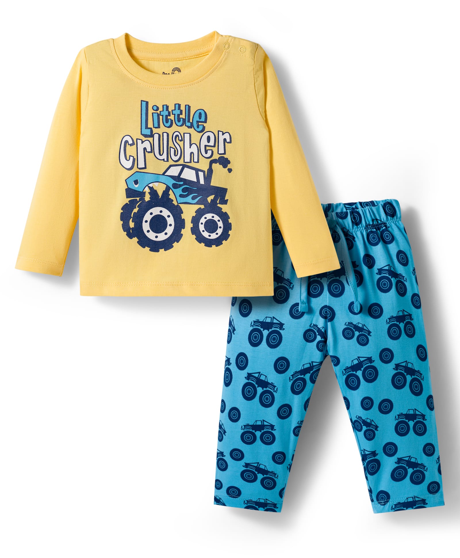 Doodle Poodle 100% Cotton Knit Full Sleeves Nightsuit with Vehicle Print - Yellow & Blue-image-9