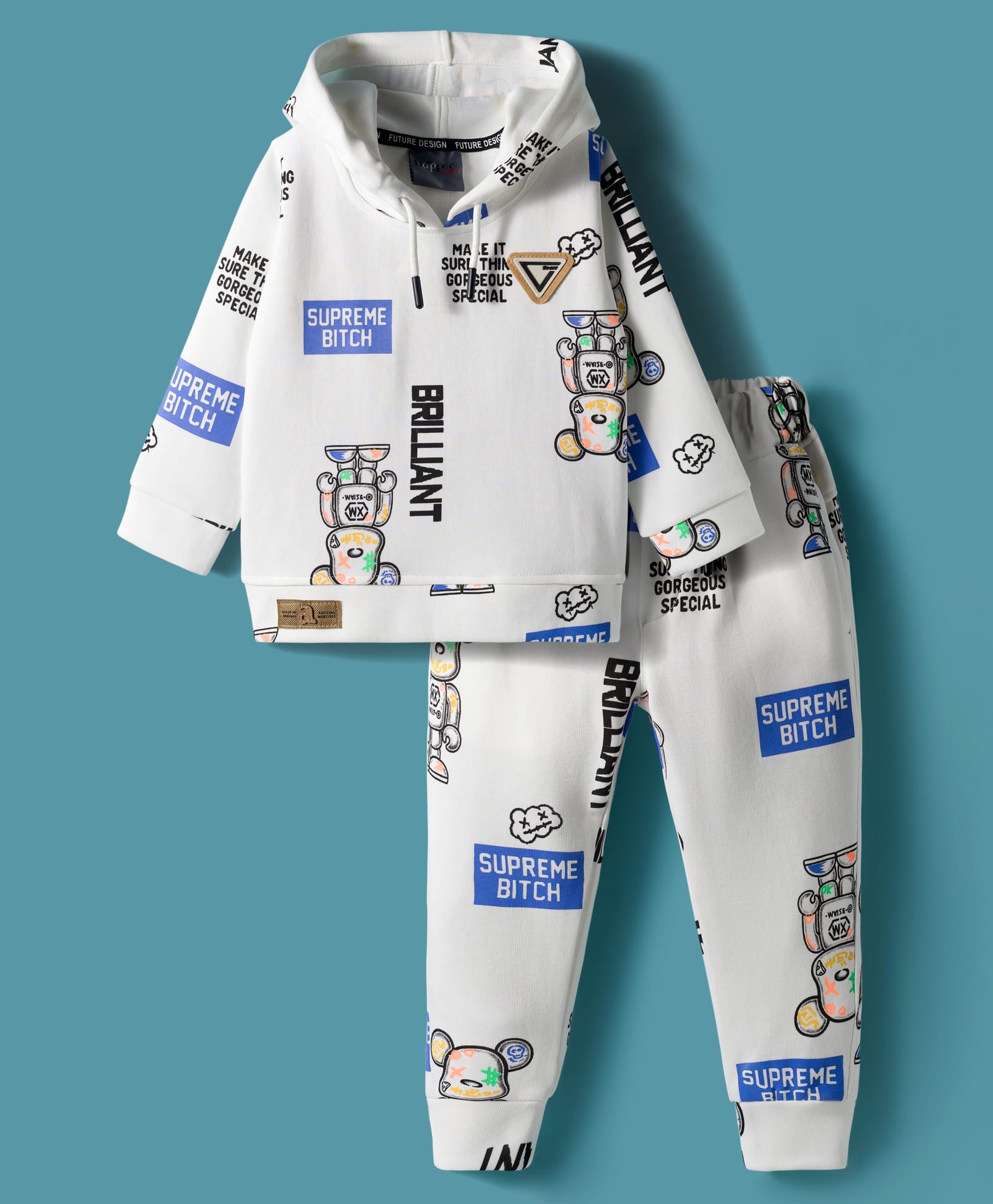 dapper dudes Dapper Dududes Full Sleeves Typography & Teddy Bear Printed Hooded Sweatshirt With Coordinating Joggers Set - White-picture-24