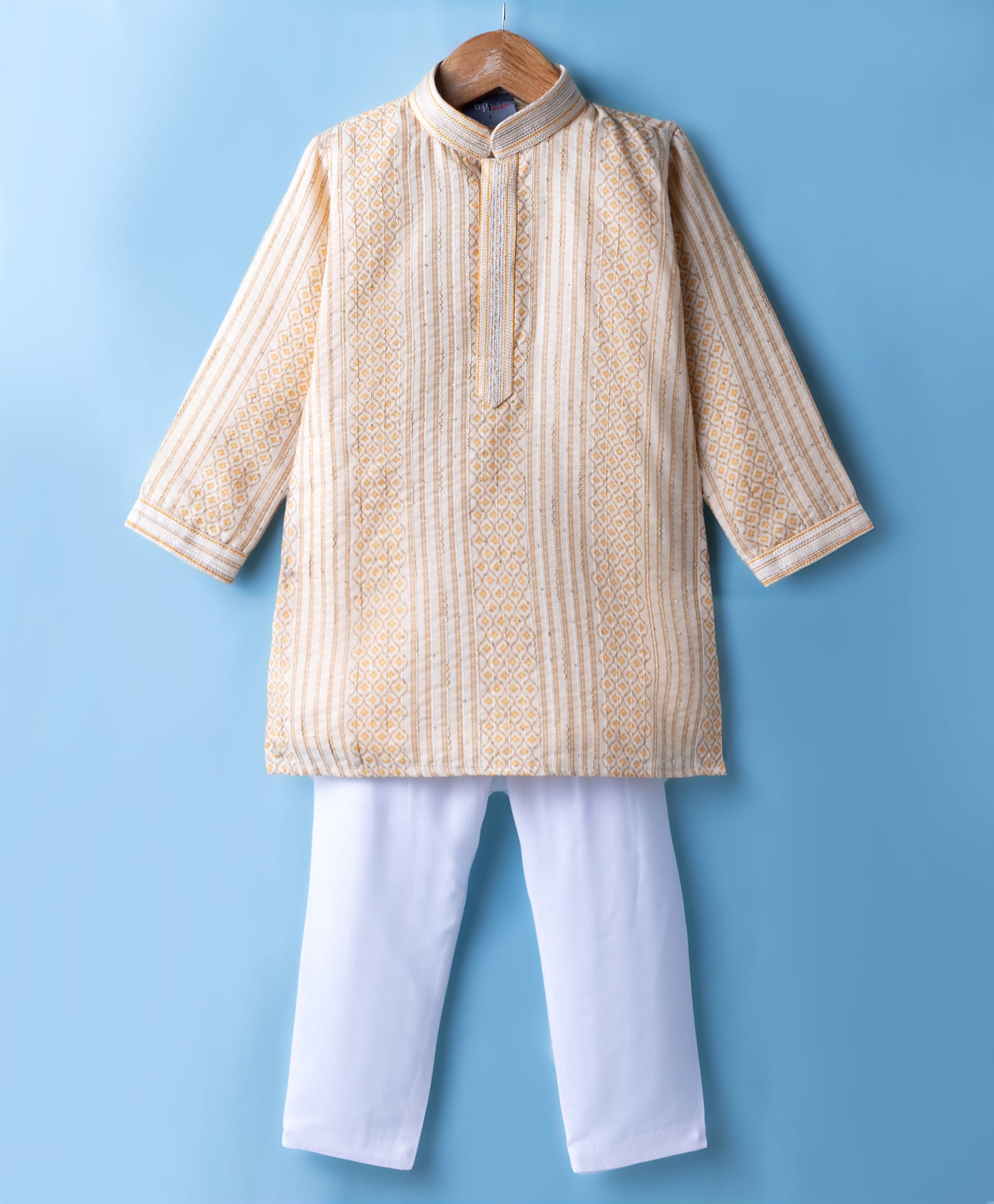 Dapper Dudes Full Sleeves Abstract Printed & Threadwork Detailed Kurta Pyjama Set - Yellow-image-6