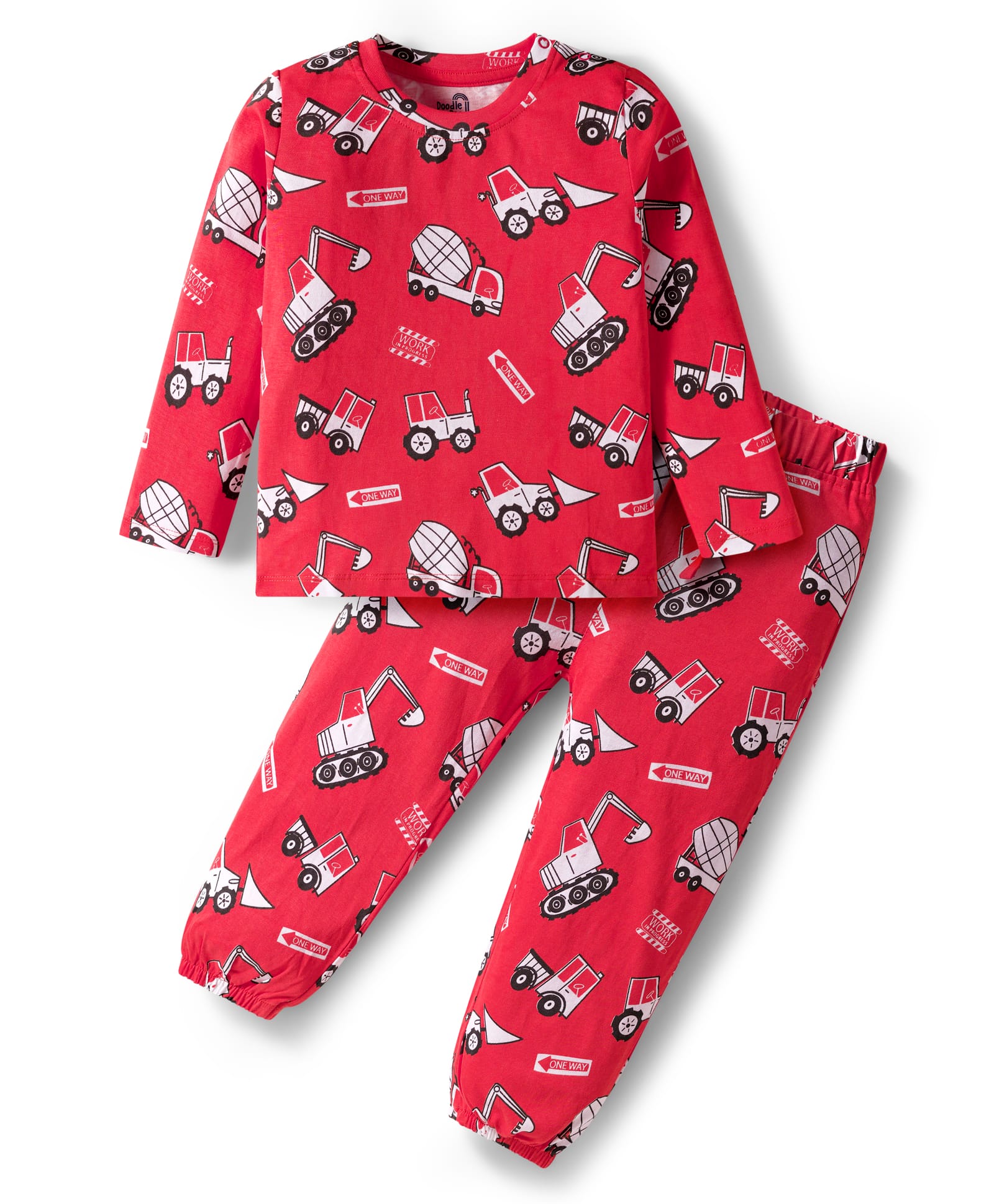 Doodle Poodle 100% Cotton Knit Full Sleeves Co-Ord Nightsuit with Vehicle Print - Red-picture-45